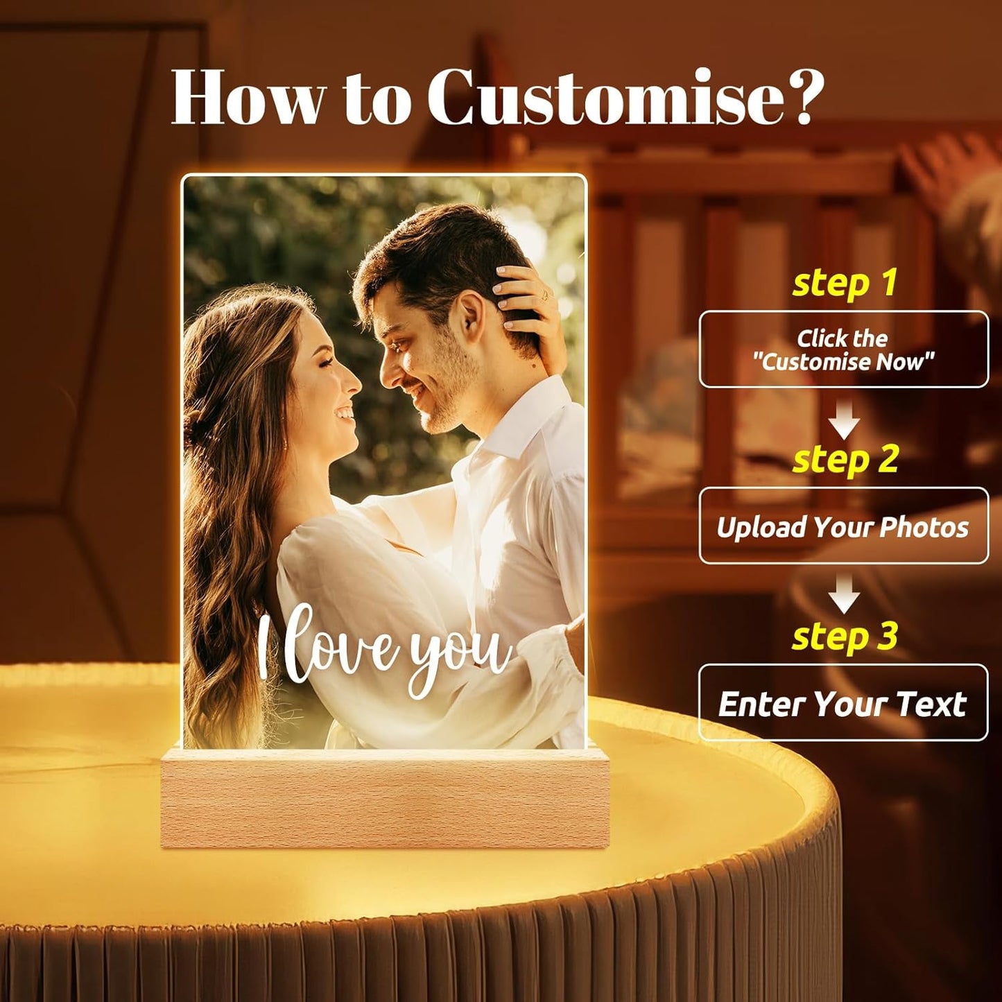 Custom Picture Frames with Photo, Personalized Photo Frame with Night Light, Customized Picture Frame, Personalized Anniversary Couple Gifts for Women Men Her Him Boyfriend Girlfriend