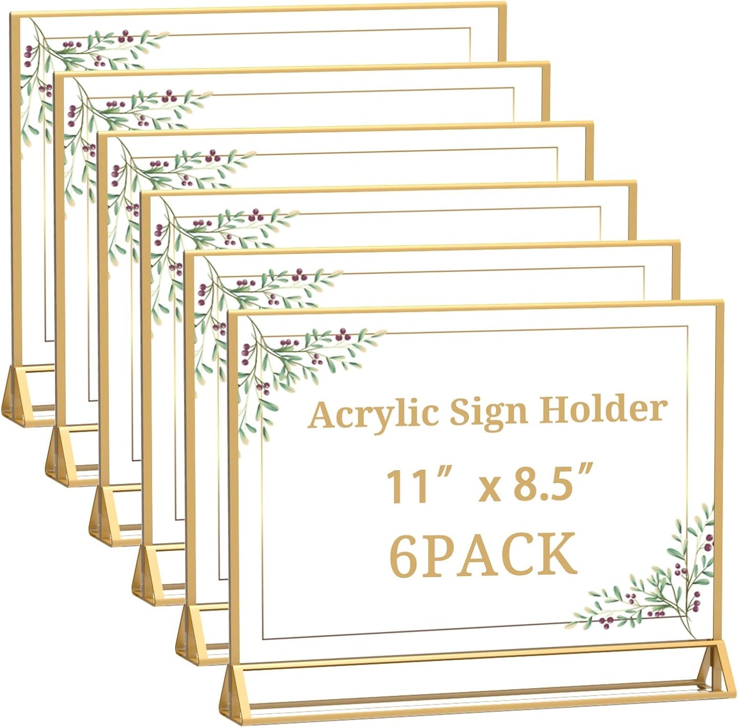 Clear Acrylic Sign Holder 11x 8.5 Horizontal Double Sided Gold Frame Flyer Holder for Wedding Table Number Menu Holder (6pcs)