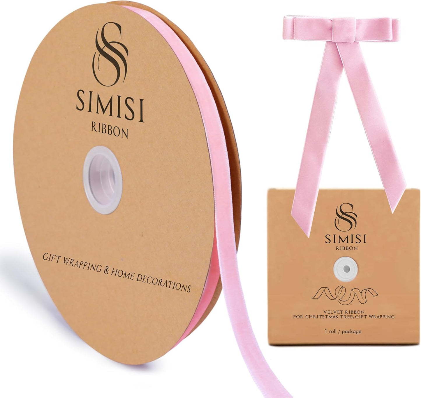 Pink Velvet Ribbon 3/8'' 25 Yards for Christmas Tree, Gift Wrapping, Flower Bouquet, Wreath Decorations, Bow Making