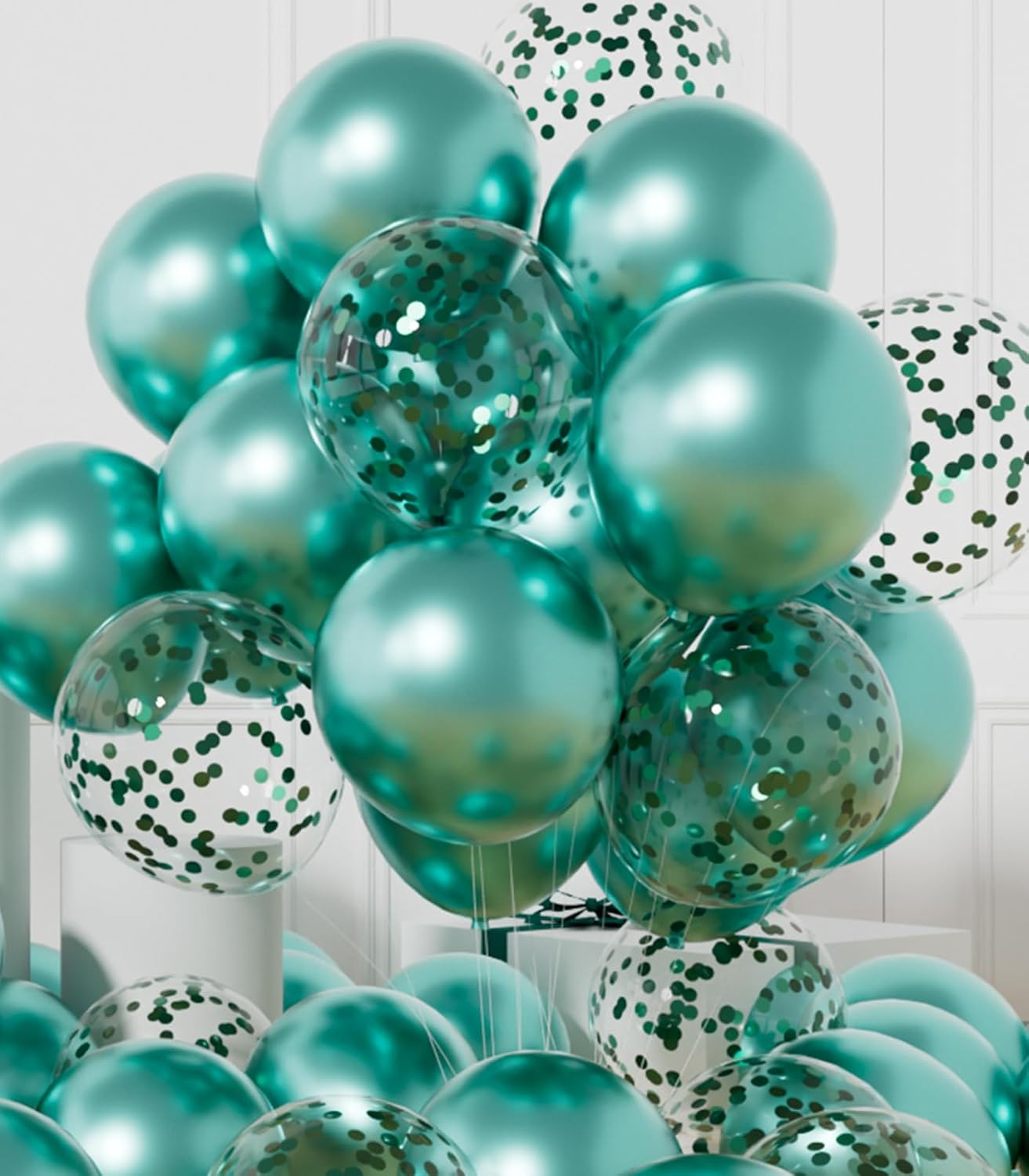 AULE Party Balloons Pack of 42 - Metallic Green Balloons & Confetti Balloons and 64ft Ribbons - 12 Inch Teal Green Balloon Decorations Set