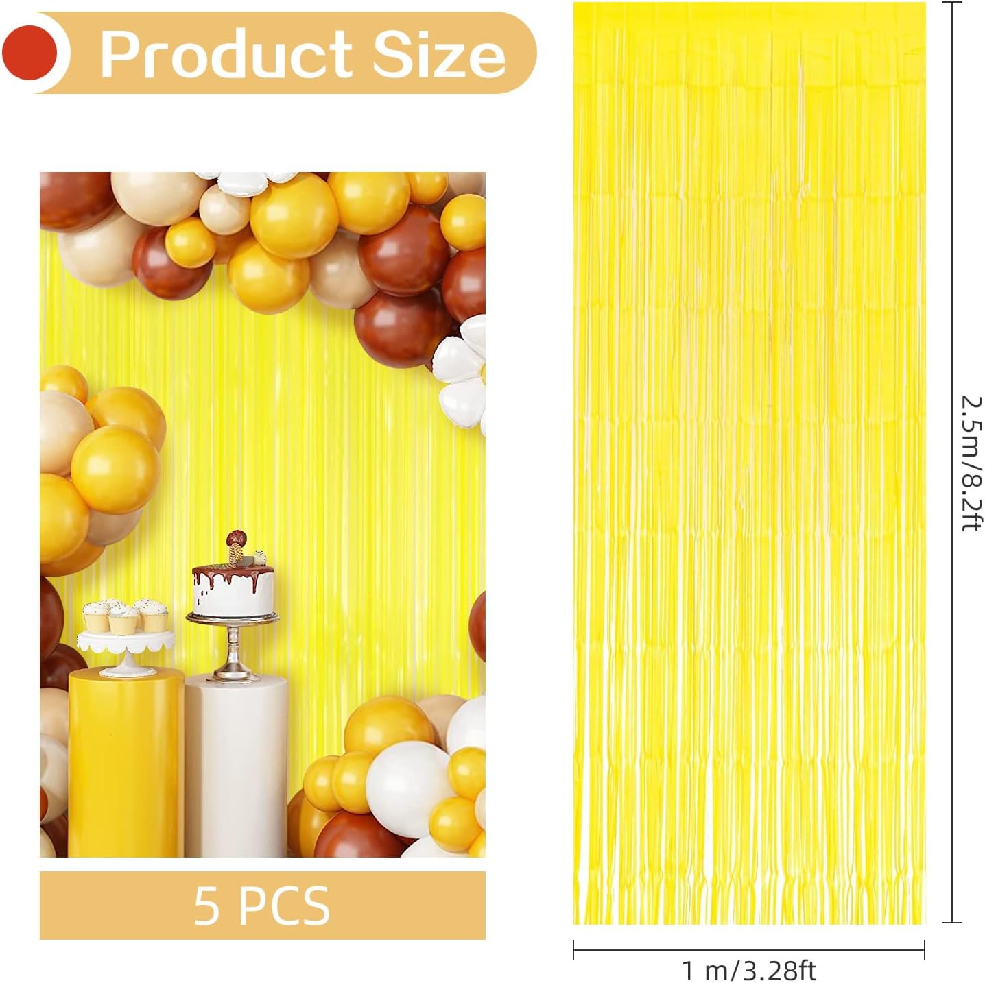 5 Pack Yellow Foil Curtain Backdrop 3.2ft x 8.2ft Tinsel Foil Fringe Curtains Macaron Photo Booth Streamer Backdrop for Party Decorations Birthday Baby Shower Bachelorette Holiday Decor (Yellow)