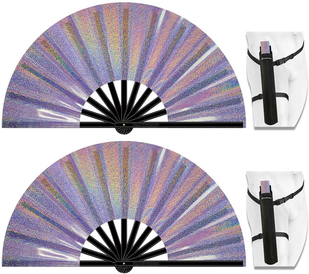 13" Large Folding Rave Fan with Holster, Clack Hand Fans Foldable for Line Dancing, Boots On The Ground Fan for Women Men Festival EDM Party Decoration, Lridescent Purple 2 Pack