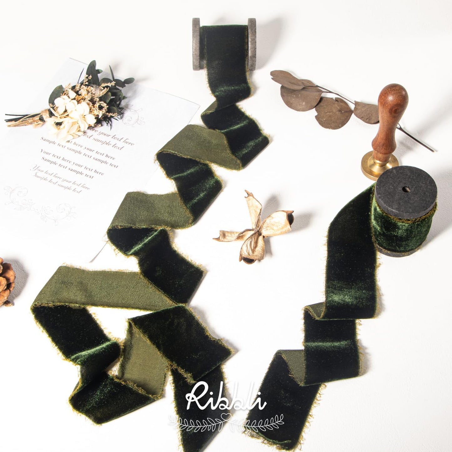 Ribbli Dark Moss Velvet Ribbon 1.5 Inch Handmade Frayed Vintage Christmas Ribbon for Gift Wrapping Christmas Tree Ornament Wreath Craft Home Decor -Total 3 Yards with Wooden Spool