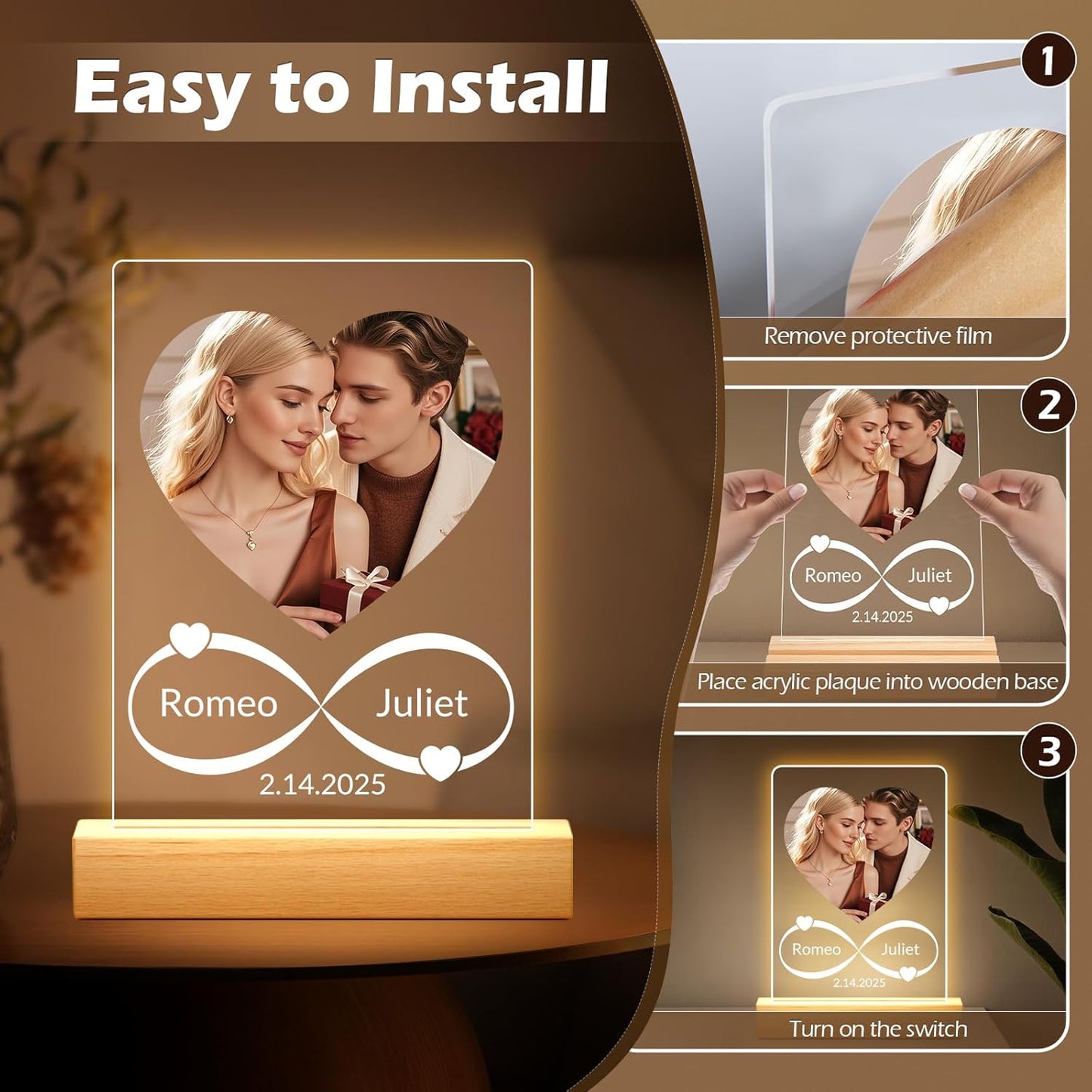 Custom Picture Frames with Photo, Personalized Photo Frame with Night Light, Customized Picture Frames, Personalized Anniversary Couple Gifts for Women, Men, Him, Her, Boyfriend, Girlfriend