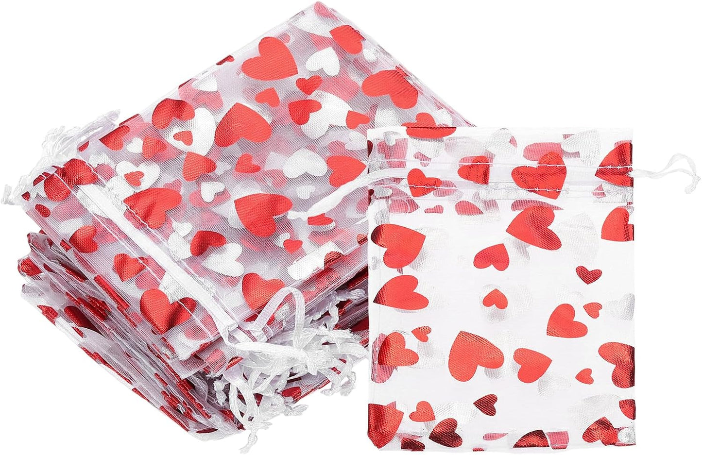 PATIKIL 50 Pcs 4x5 Inch Heart Printed Organza Bags, Red Sheer Heart Organza Bags with Drawstring for Festival Candy Jewelry Party Wedding Favor Gift