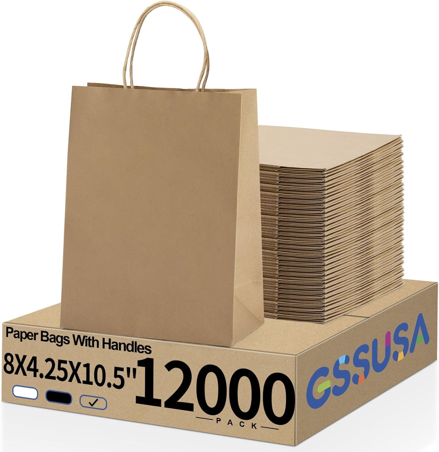 GSSUSA 12000 Pack 8x4.25x10 Inch Paper Bags with Handles Bulk, Brown Paper Gift Bags for Small Business, Heavy Duty Bulk, for Birthday Party Favors, Shopping, Retail