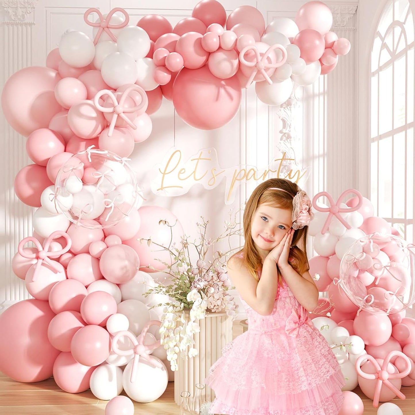 Pink Bow Balloons Garland Arch Kit,180Pcs Pink and White Balloons with Clear Balloon Wrap Bows for Wedding Bachelorette Baby Shower Coquette Birthday Party Decorations
