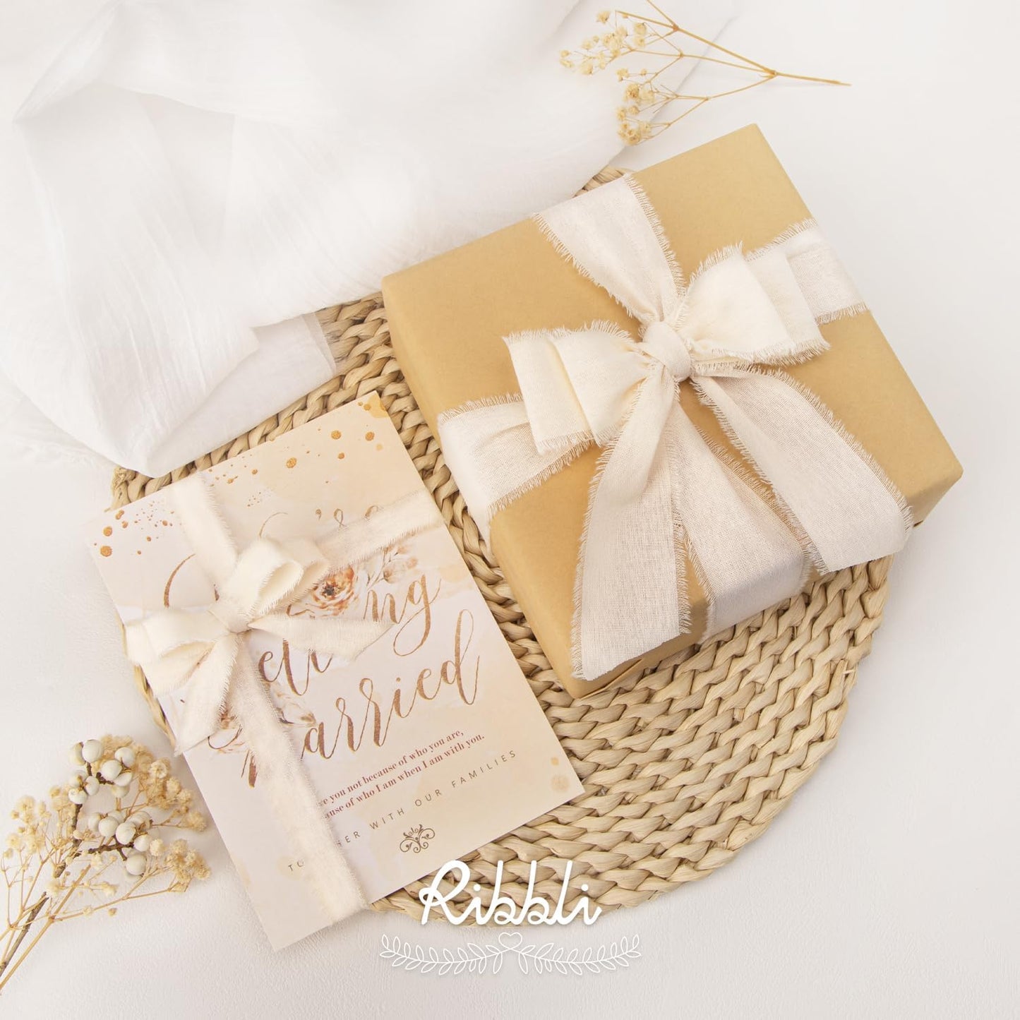 Ribbli 3 Rolls Ivory Ribbon 1.5 Inch x 18Yards Cream White Handmade Cotton Frayed Fringe Ribbons for Gift Wrapping Wedding Invites Bridal Bouquets Baby Shower DIY Crafts Home Decor