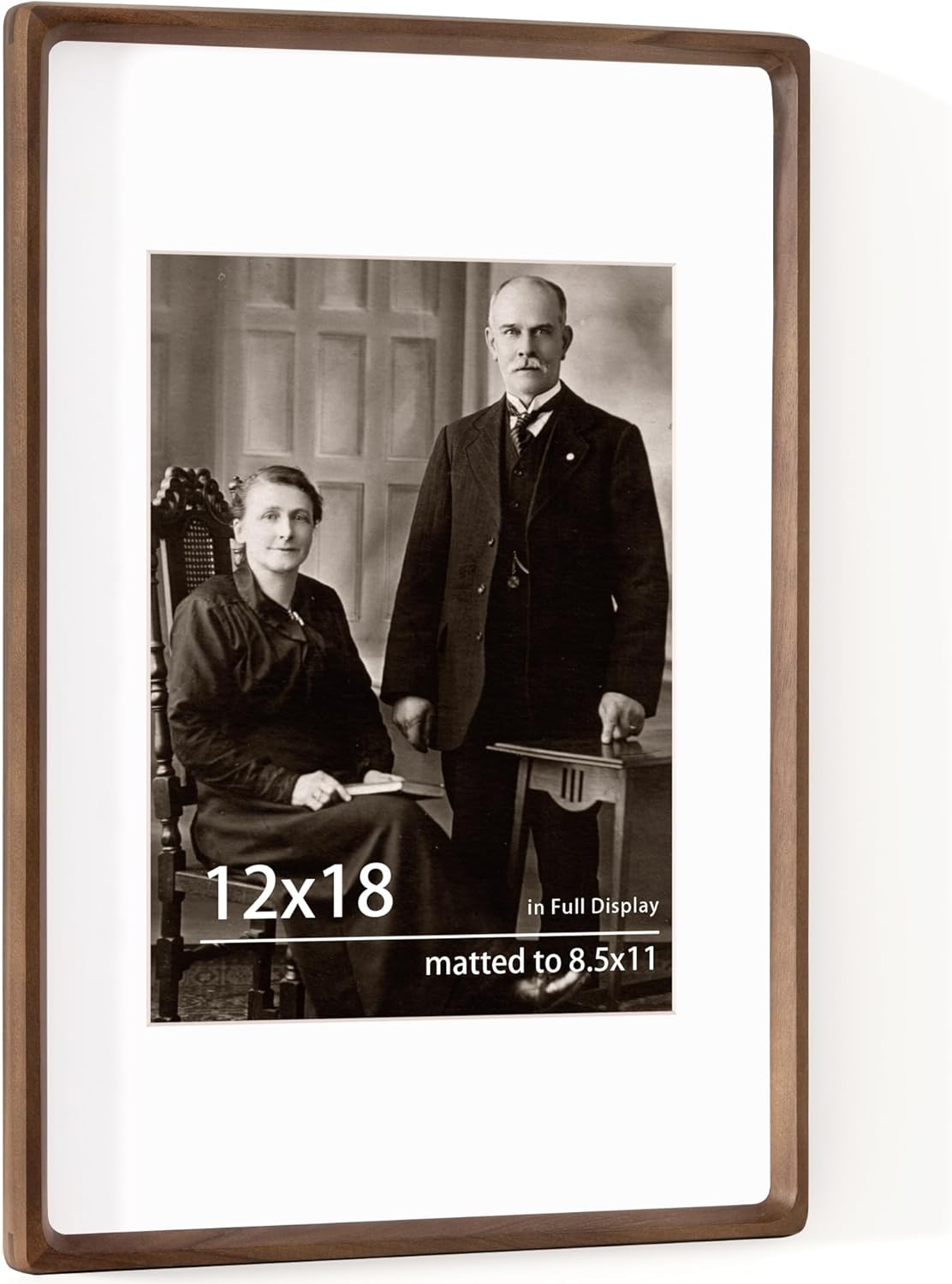 12x18 Frame USA-Sourced Natural Walnut Wood Solid Wood Photo Frame Handcrafted Rounded Corner with Mat to 8x12 Picture Display with Real Glass Family Picture, Wedding Photo, Certificate