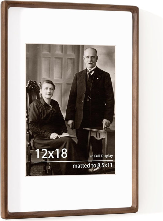12x18 Frame USA-Sourced Natural Walnut Wood Solid Wood Photo Frame Handcrafted Rounded Corner with Mat to 8x12 Picture Display with Real Glass Family Picture, Wedding Photo, Certificate
