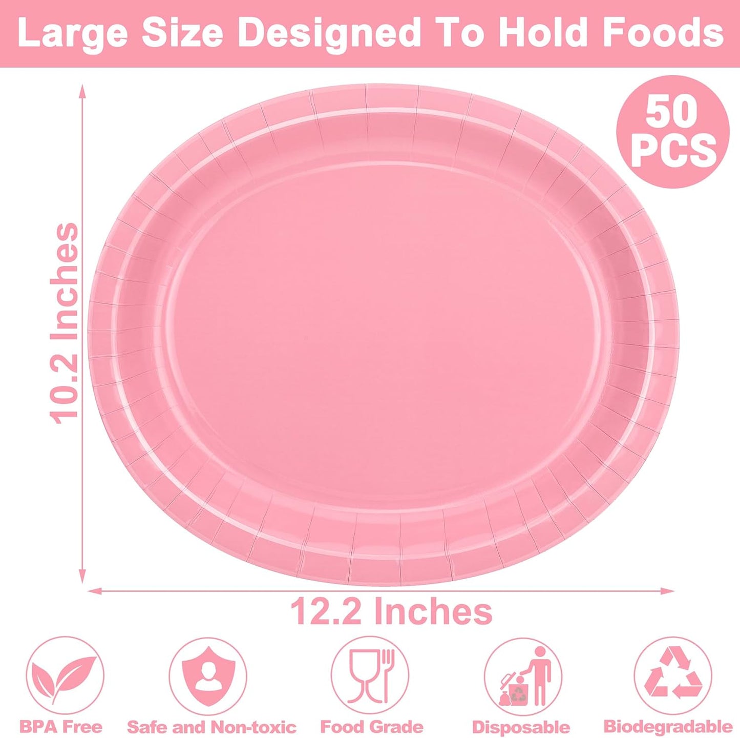 QZYL 50 Pcs Party Decorations, 12.2'' X 10.2'' Oval Large Paper Plates, Pink Disposable Paper Plates, Heavy Duty Paper Plates for Children's Birthday Party Wedding Picnic Baby Shower Barbecue Holiday