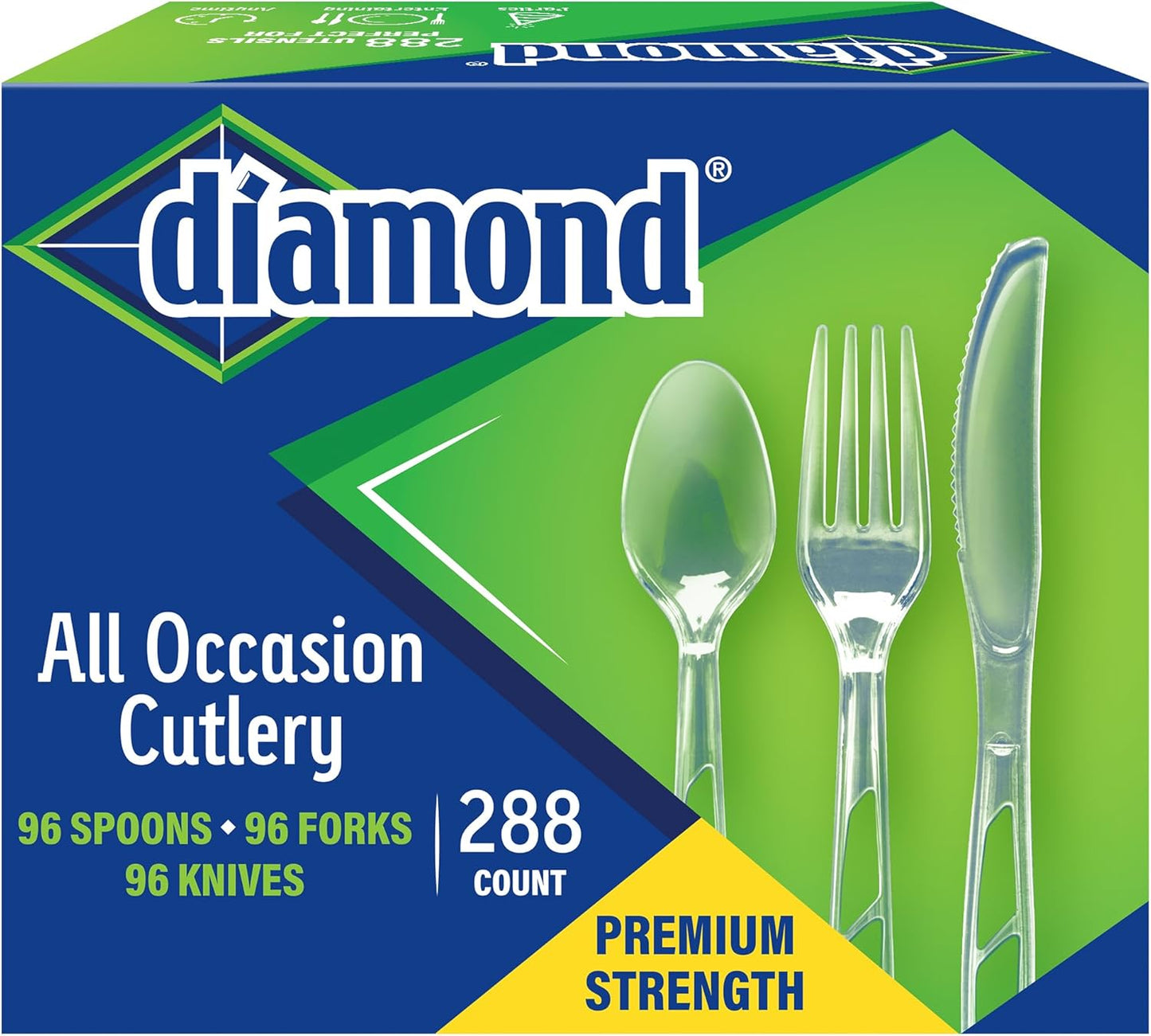 Diamond® All Occasion Clear Disposable Cutlery Set 288 Count – 96 Forks, 96 Spoons, 96 Knives, Premium Polystyrene, Crystal Clear, Party & Everyday Use
