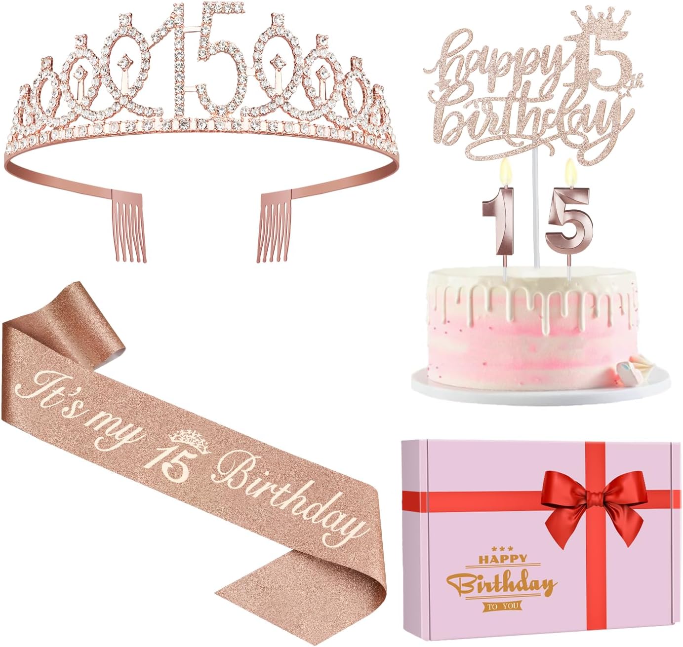 15th Birthday Decorations for Girls, Including Sash, Crown/Tiara, Candles, Cake Toppers. 15th Birthday Gifts for Girls