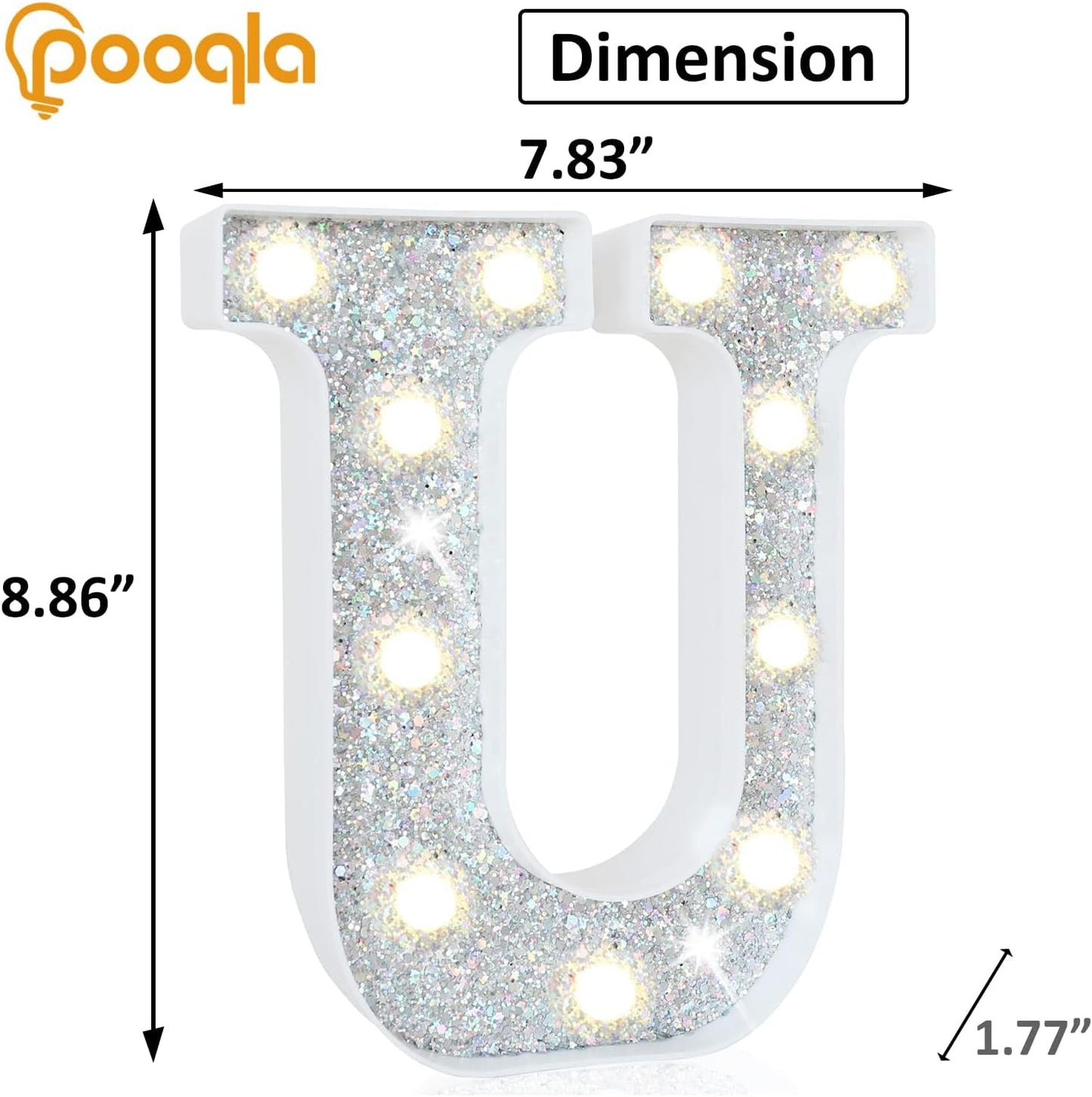 Pooqla Light Up Letters, LED Marquee Letters for Silver Birthday Decorations, Battery Powered Night Light Teenager Girl Room Decor, Gift for Girls Boys Wedding Bedroom Christmas Party Decor, Letter U