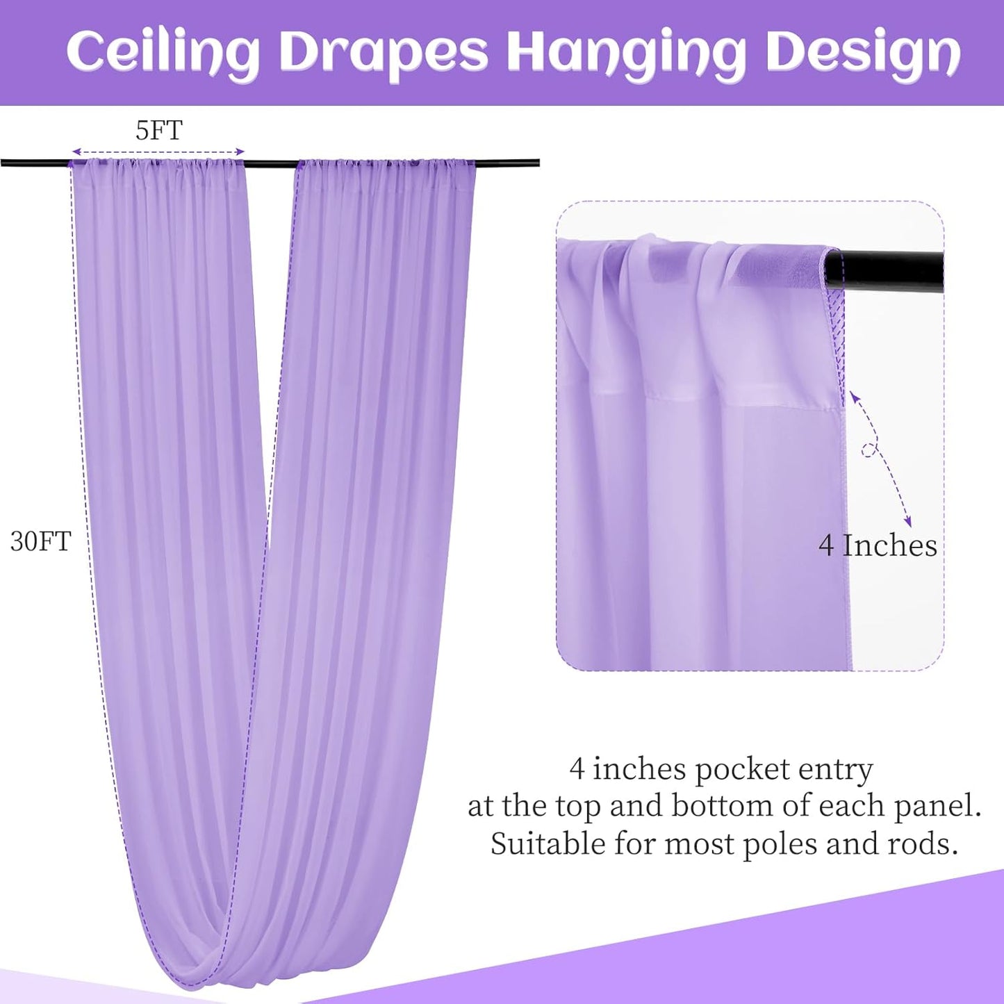 6 Panels Lilac Wedding Ceiling Drapes 5ftx30ft Ceiling Drapes Chiffon Fabric Arch Draping Sheer Curtains Soft Drapery Draping Wedding Ceiling Decorations for Party Ceremony Stage Swag