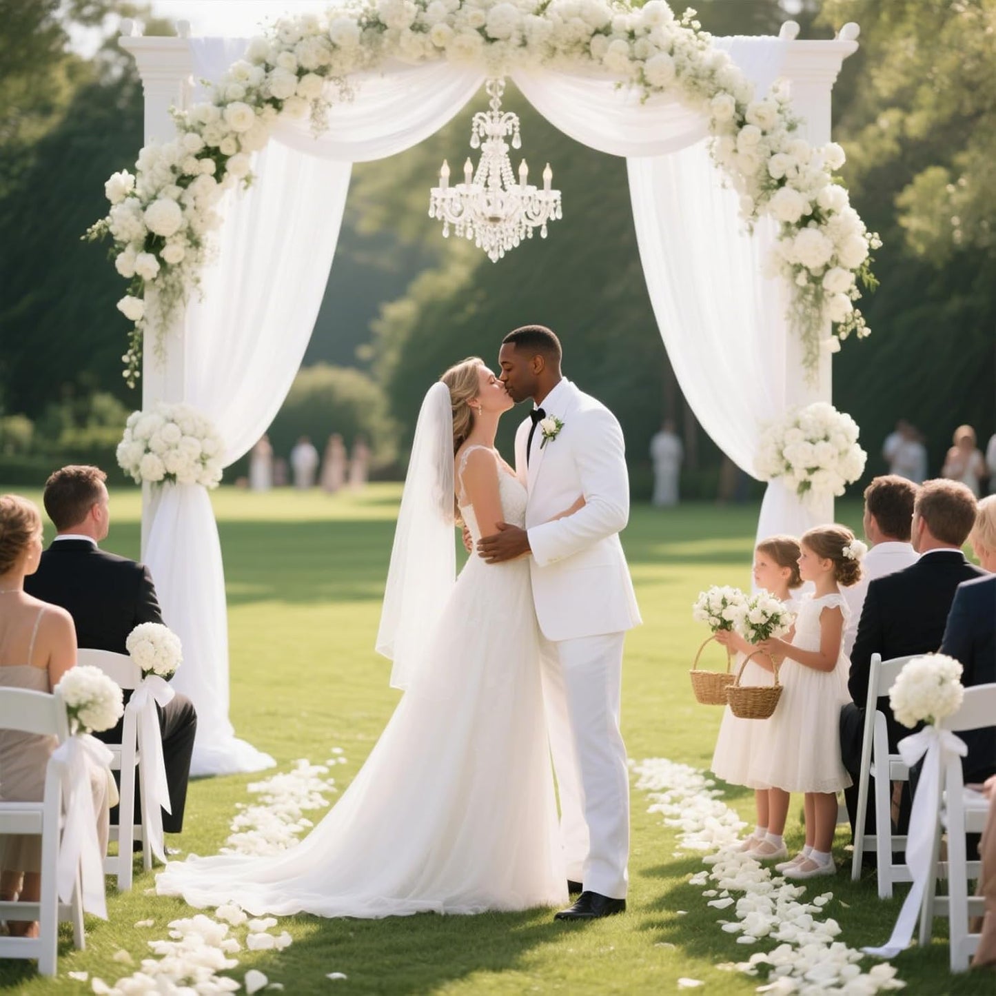 VOK White Wedding Arch Draping Fabric 29in x 18Ft 4 Panels Sheer Chiffon Curtain Drapes Extra Long for Outdoor Wedding Ceremony Birthday Party Decoration