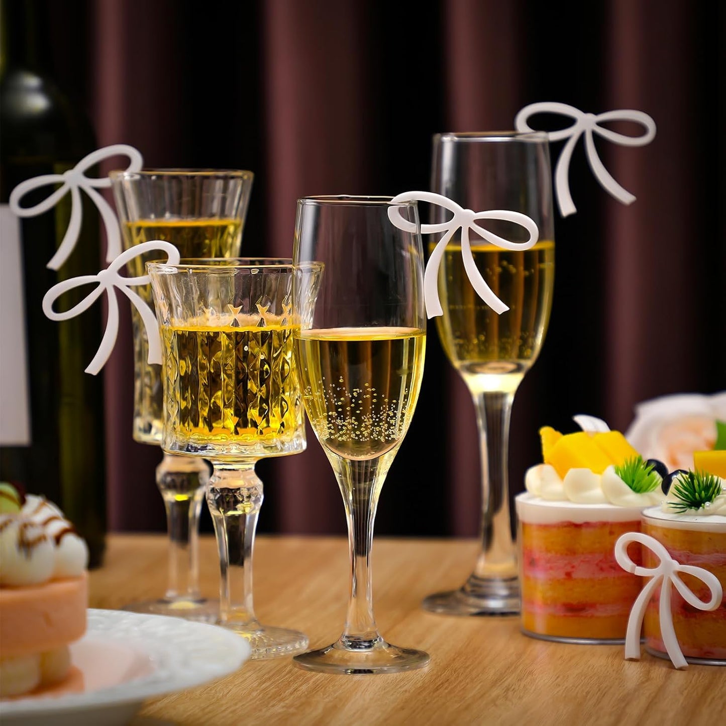 50 Pcs Bows Drink Tags Coquette Bow Wine Glass Charms Acrylic Bowknot Drink Tag for Bachelorette Birthday Wedding Coquette Tasting Party Decor Accessory(White)