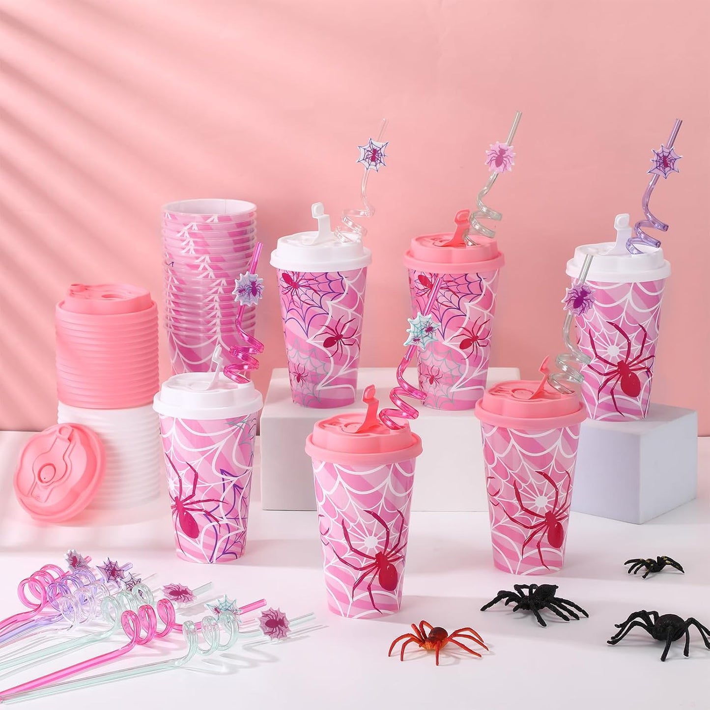 Yungyan 16 Sets Pink Spider Party Favors Goodie Cups with Lids and Straws for Halloween Party Decorations Reusable 16oz Plastic Candy Cups Plastic Straws for Birthday Gift (Pink Spider)