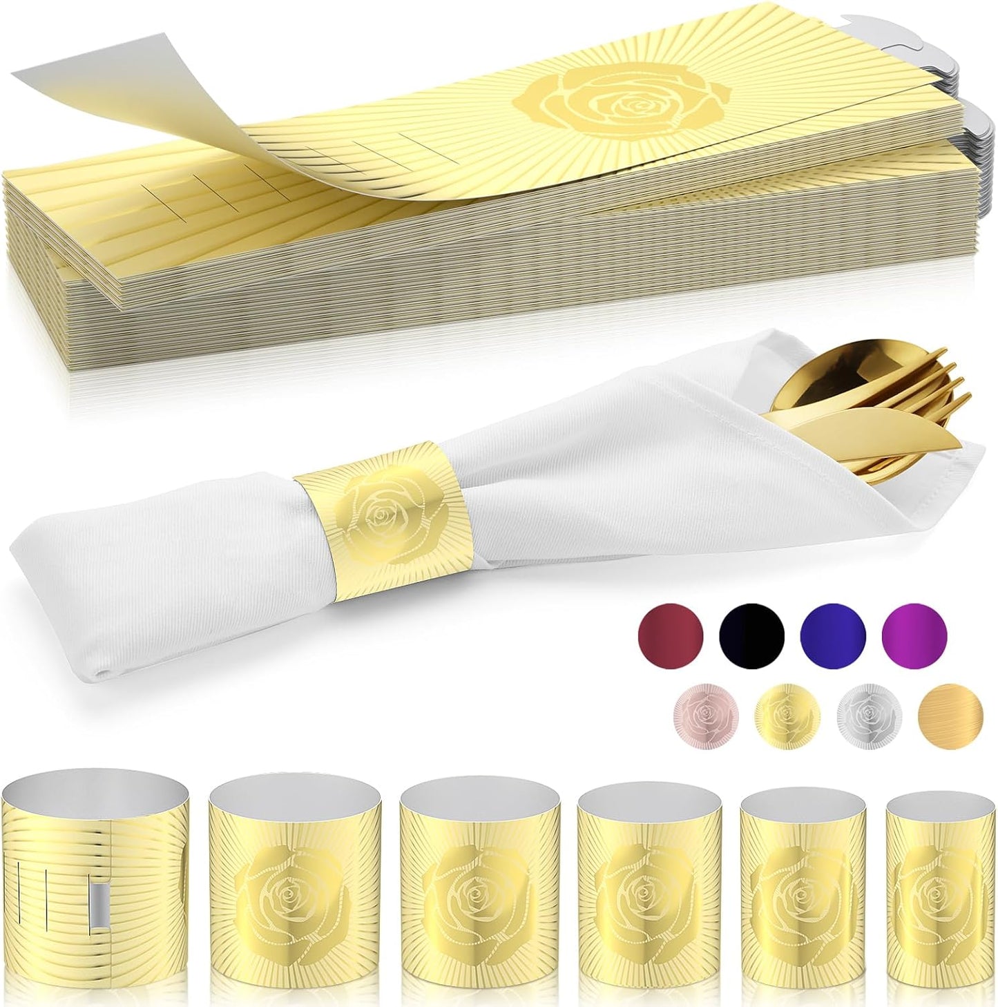 Polymer Material Reusable Napkin Band, Glue-Free Tear-Proof Water Resistant Oil-Proof Napkin Bands Set of 100(Front Gold Color and Back Silver), 6 Adjustable Sizes Napkin Rings