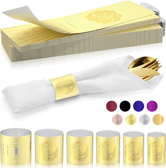 Polymer Material Reusable Napkin Band, Glue-Free Tear-Proof Water Resistant Oil-Proof Napkin Bands Set of 100(Front Gold Color and Back Silver), 6 Adjustable Sizes Napkin Rings