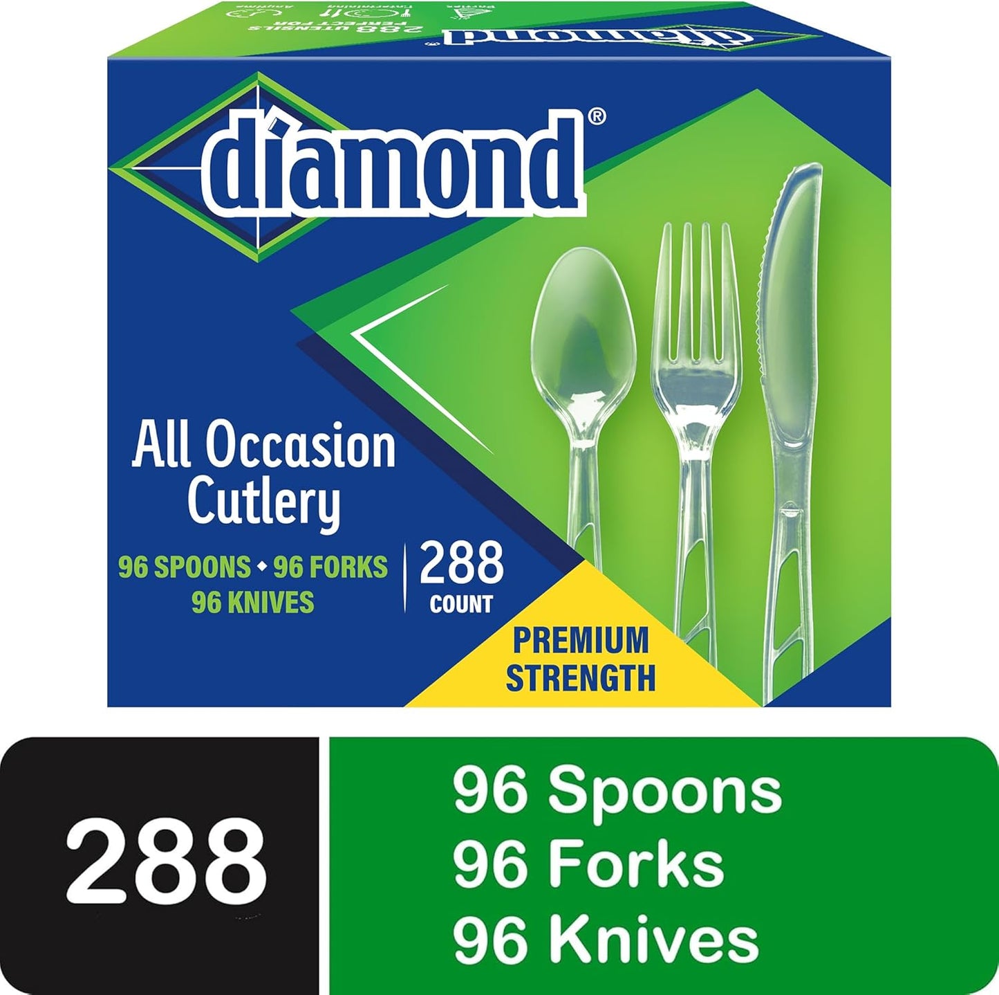 Diamond® All Occasion Clear Disposable Cutlery Set 288 Count – 96 Forks, 96 Spoons, 96 Knives, Premium Polystyrene, Crystal Clear, Party & Everyday Use