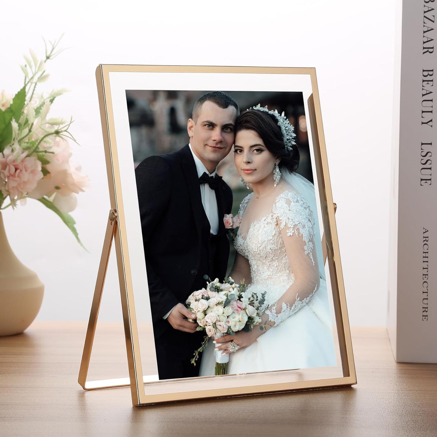 Gold 6x8''Floating Frame Set of 2,For Photo Sizes (3.5x5''4x6''5x7''),Metal Frames for Tabletop/Shelf Display,Classy Gift Choice for Wedding,Birthady,Home or Office Decor