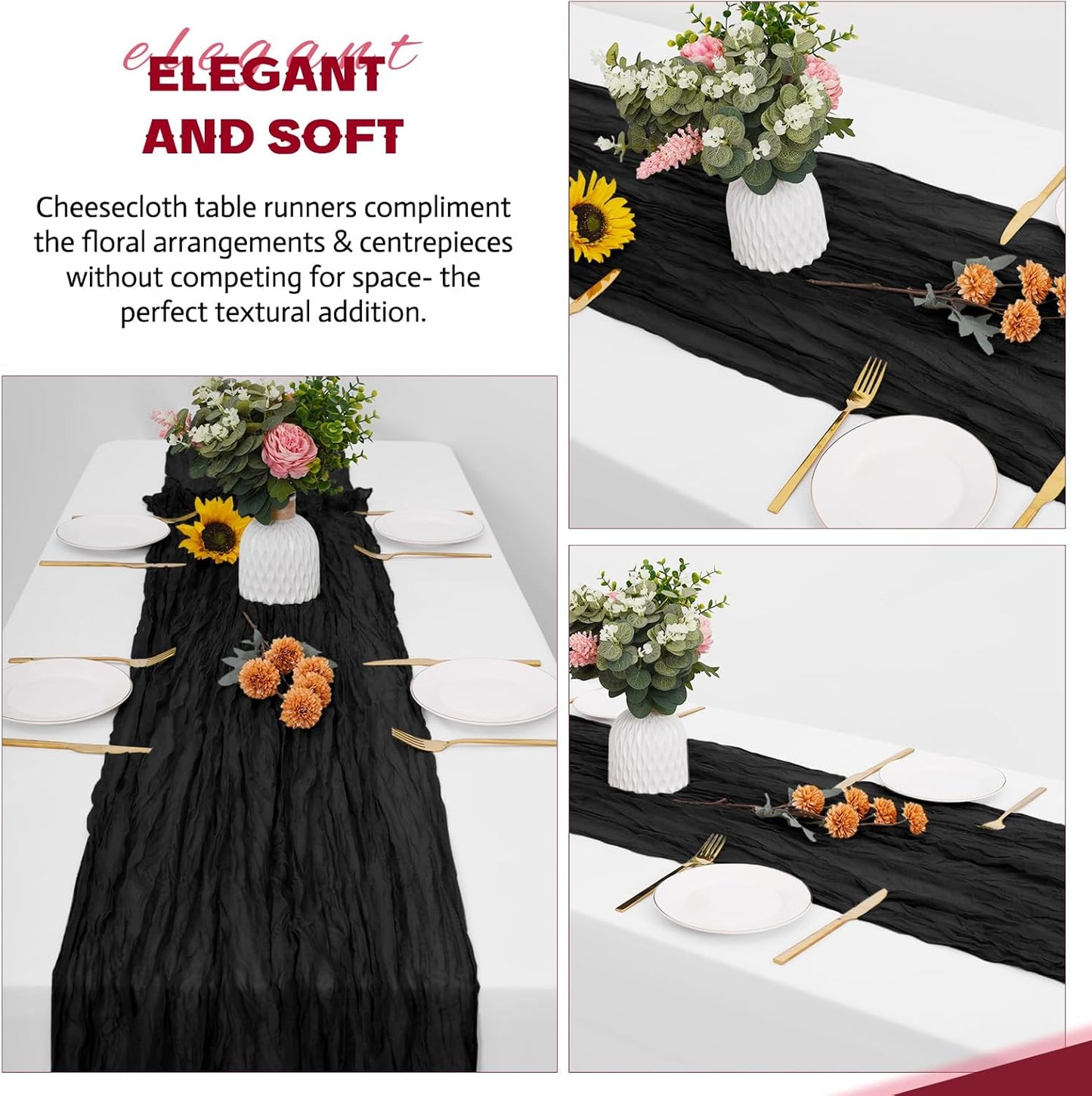 Aktor 12 Pack Black Table Runner Boho Cheesecloth Table Runner Semi Sheer Gauze Fabric Runners for Wedding Birthday Baby Shower Party Boho Table Decoration（Black）