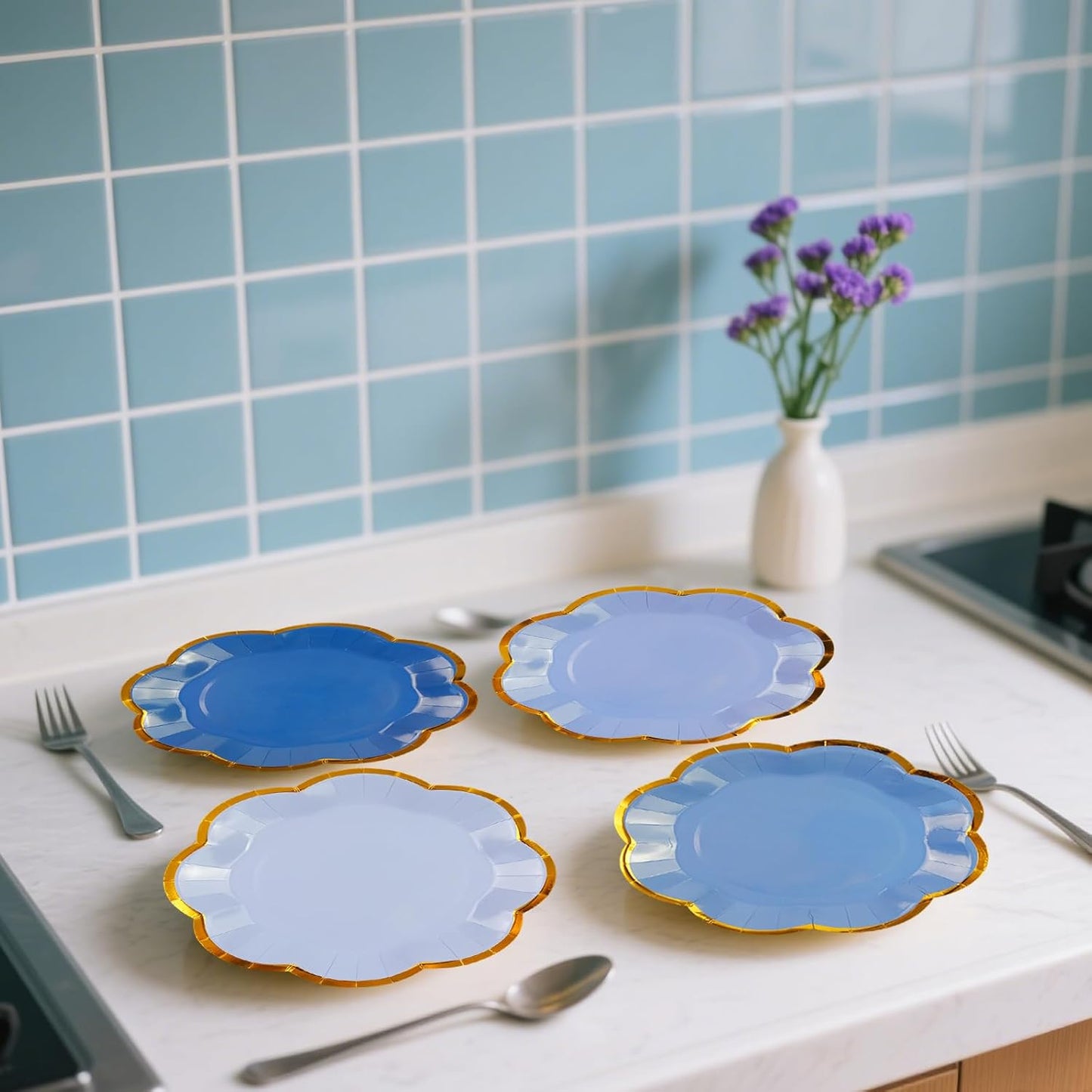 48Pcs Light Blue Scalloped Party Plates - 7inch Gold Foil Gradient Blue Dessert Paper Plate Disposable Cake Plates for Birthday Bridal Baby Shower Wedding Party Decorative Supplies