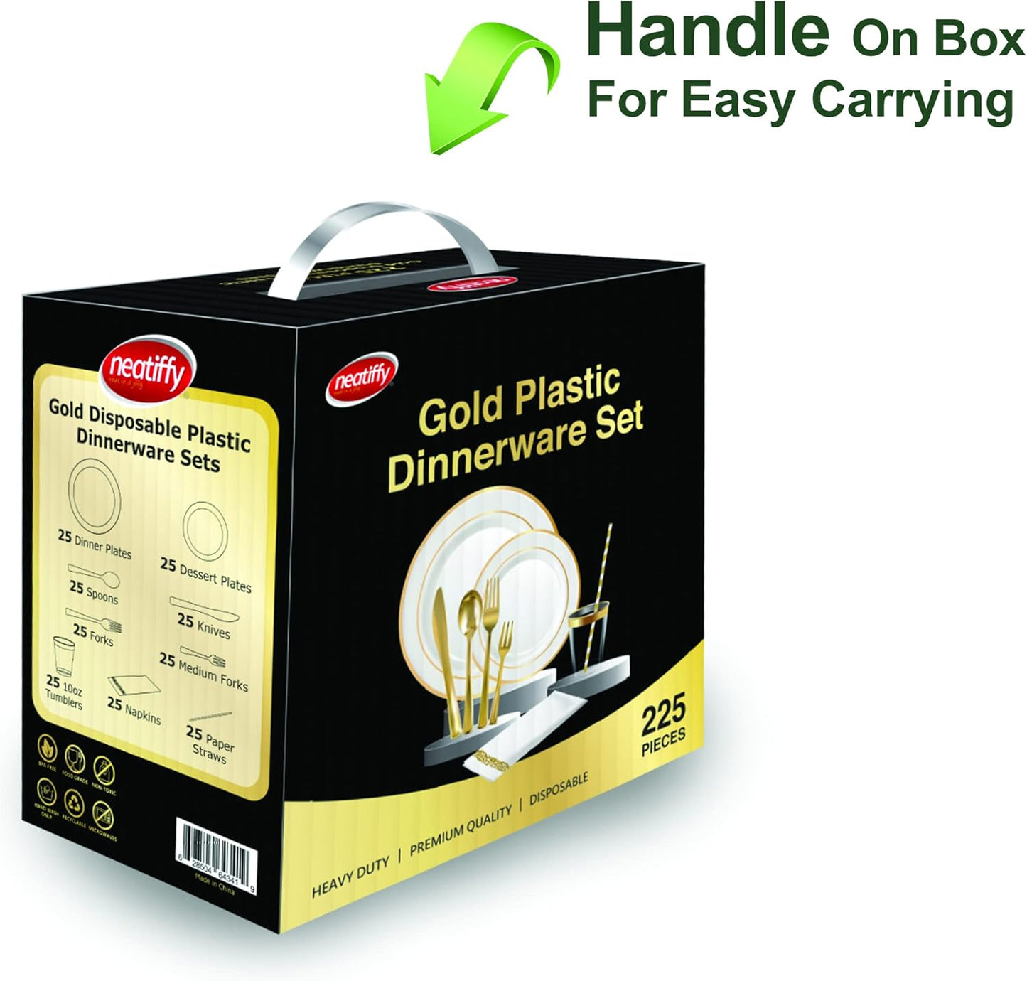 Neatiffy 225 Pcs Gold Rim Plastic Dinnerware Set (25 Guest) | 25 x (Dinner Plate, Dessert Plate, Gold Plastic Silverware, Cup, Napkin, Straw) | For Wedding, Luxurious Party, Special Event