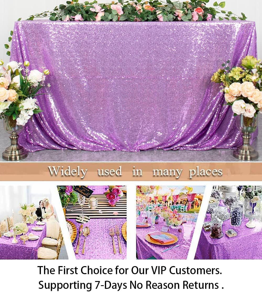 ShinyBeauty 72x72 Inch Square Sequin Tablecloth Overlay - Lavender Shimmer Wedding Table Cover for Cocktail Party, Light Purple Sparkling Cake Table Decoration