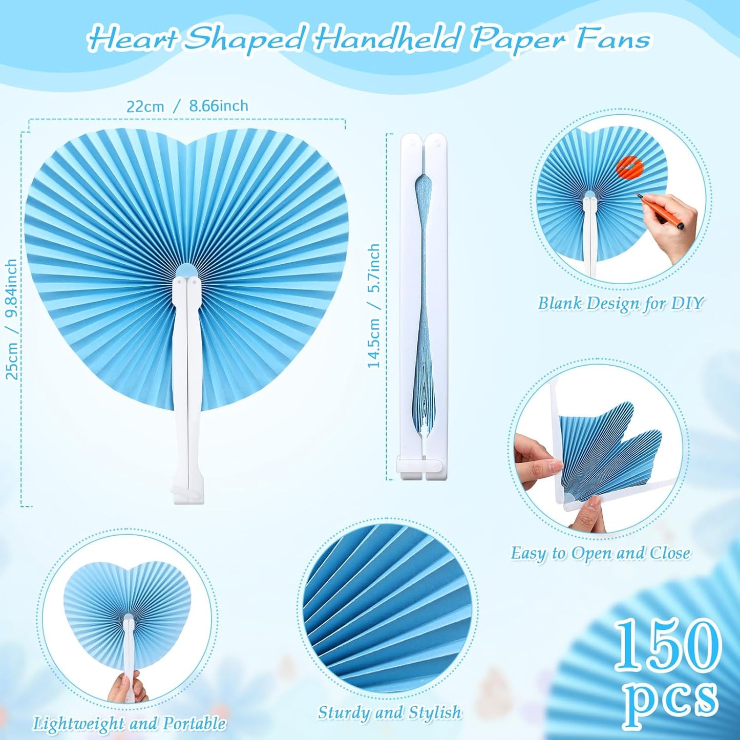 Unittype 150 Packs Wedding Paper Fans Heart Shaped Folding Handheld Fans for Wedding Decorate Guests Favor Anniversary Birthday Party Supplies Home Decor(Baby Blue)