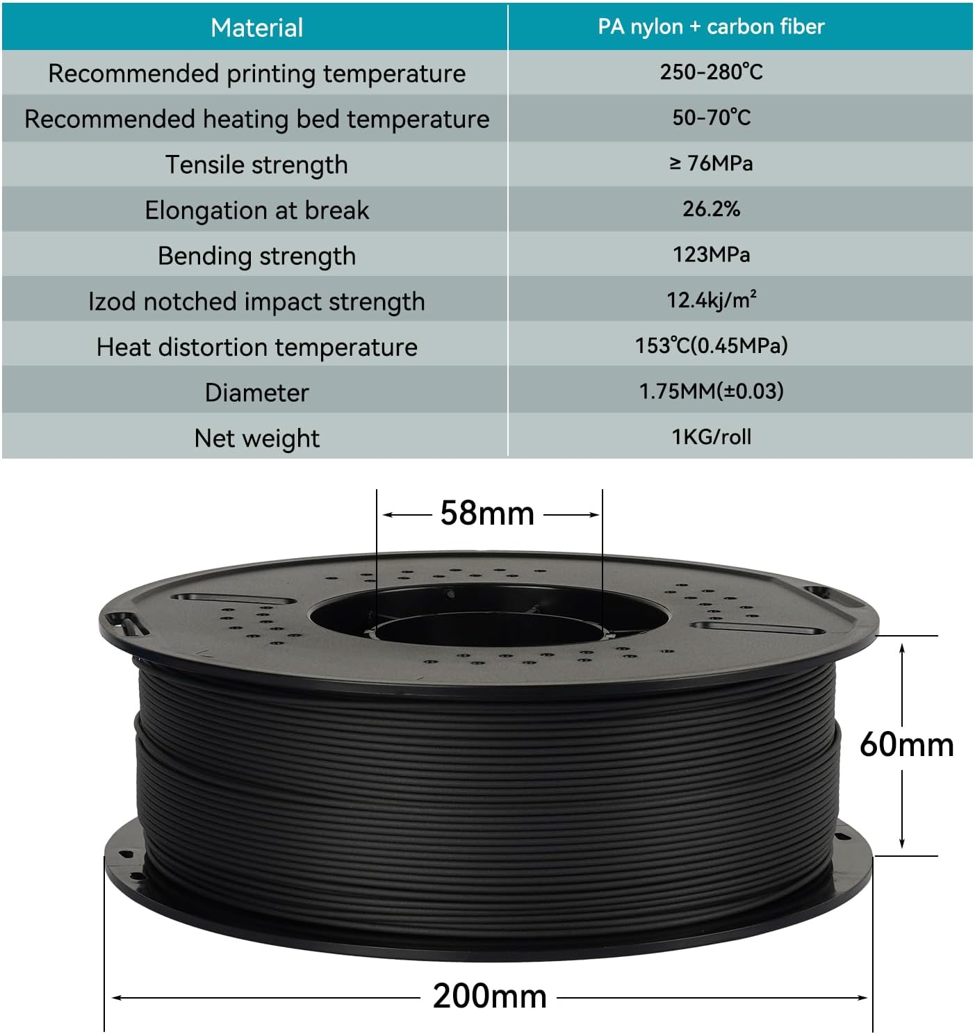 Kingroon Nylon PLA-CF Filament Carbon Fiber PA6 3D Printer Filament 1.75mm, Strong & Low Moisture Sensitive Fit Most FDM 3D Printers, 1KG(2.2lbs) Spool Black