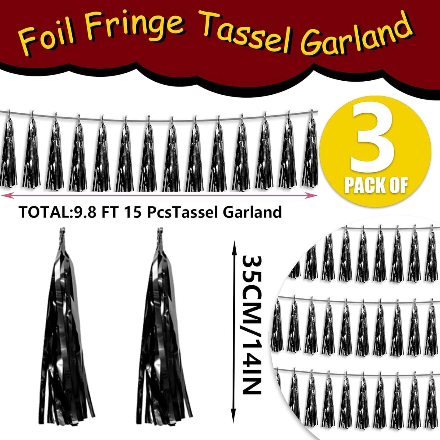 3P Metallic Fringe Tassel Banner Garland Foil Tinsel Streamer Wall Hanging Curtain Backdrop Banners for Parade Floats, 2024 Graduation Decorations, Father’s Day Party Decoration(Black)