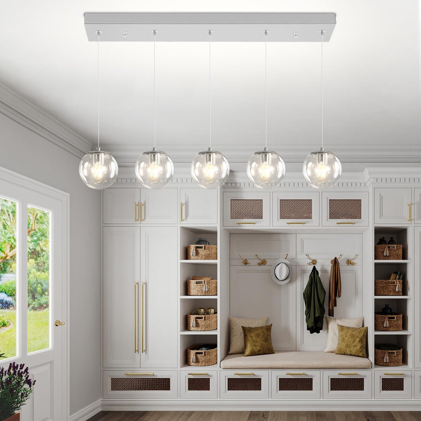 5-Lights Modern Rectangle Chandelier Globe Pendant Light,Chrome Linear Globe Chandeliers for Dining Room and Kitchen Island