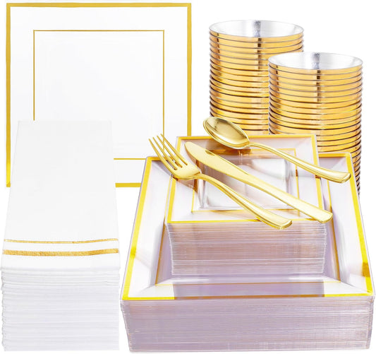 Festiva 350Pcs Clear Plastic Plates with Gold rim - Clear Gold Disposable Dinnerware for 50 Guests include 100 Square Plastic Plates 50Cups 50Cutlery 50Napkins Perfect for Thanksgiving Party&Wedding