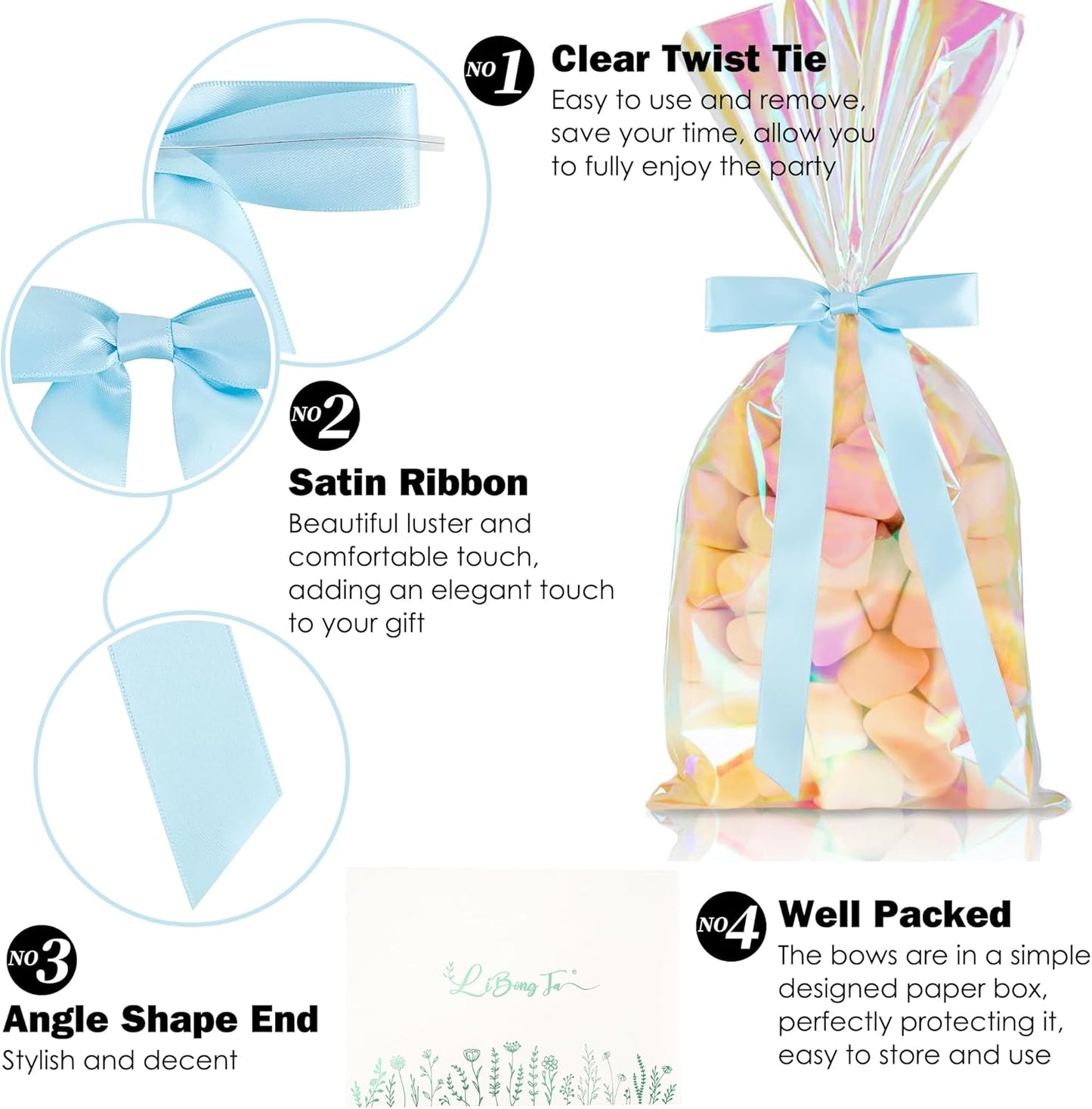 50 PCs Blue Bow Decor 5.5'' Satin Bows with Long Tail, Twist Tie Bows for Craft, Packaging Ribbon Bows, Premade Bows for Cake Decorating, Gift Bows for Treat, Wedding Favor, Party