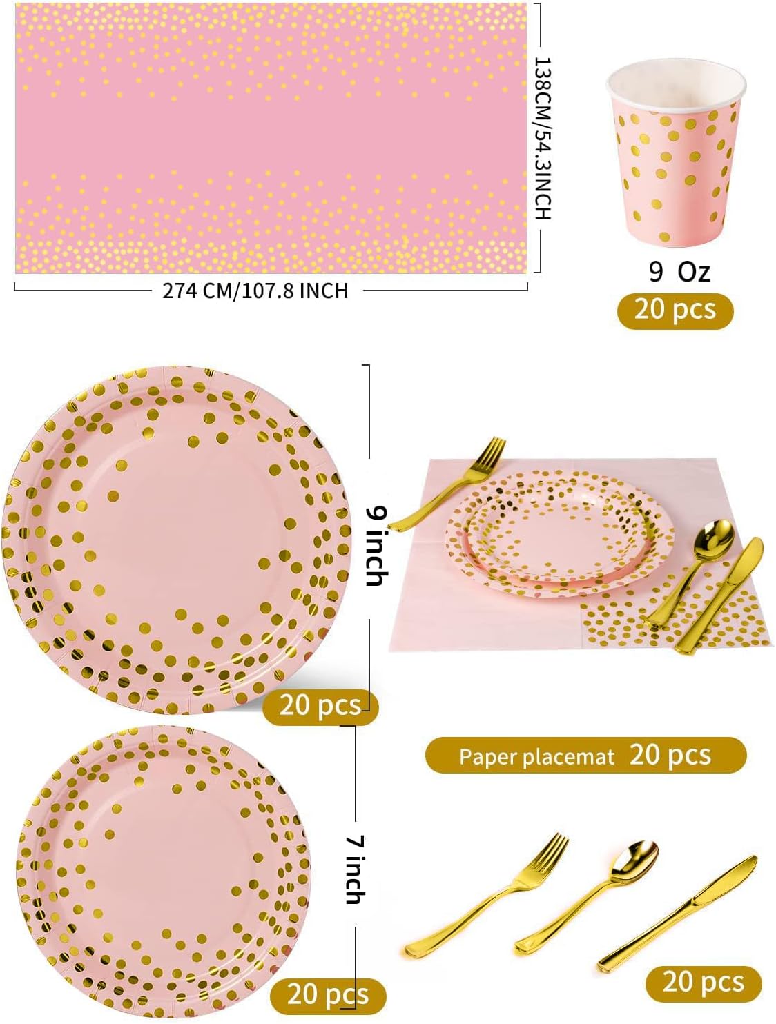 141 Pieces Pink Gold Party Supplies, Party Dinnerware Sets Include Paper Plates Napkins Cups Silverware, for Wedding Bridal Shower Engagement Birthday Parties Decoration -20 Serves