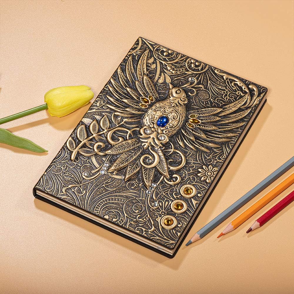 molshine A5 (5.5" x 8.3") Embossed Journals Vintage Notebook,Retro Leather Bronze Diary,100 Sheets Paper,Hardcover Travel Notepad for Writing,Sketchbook,Collection,Gift,Decoration, Phoenix(Bronzed)