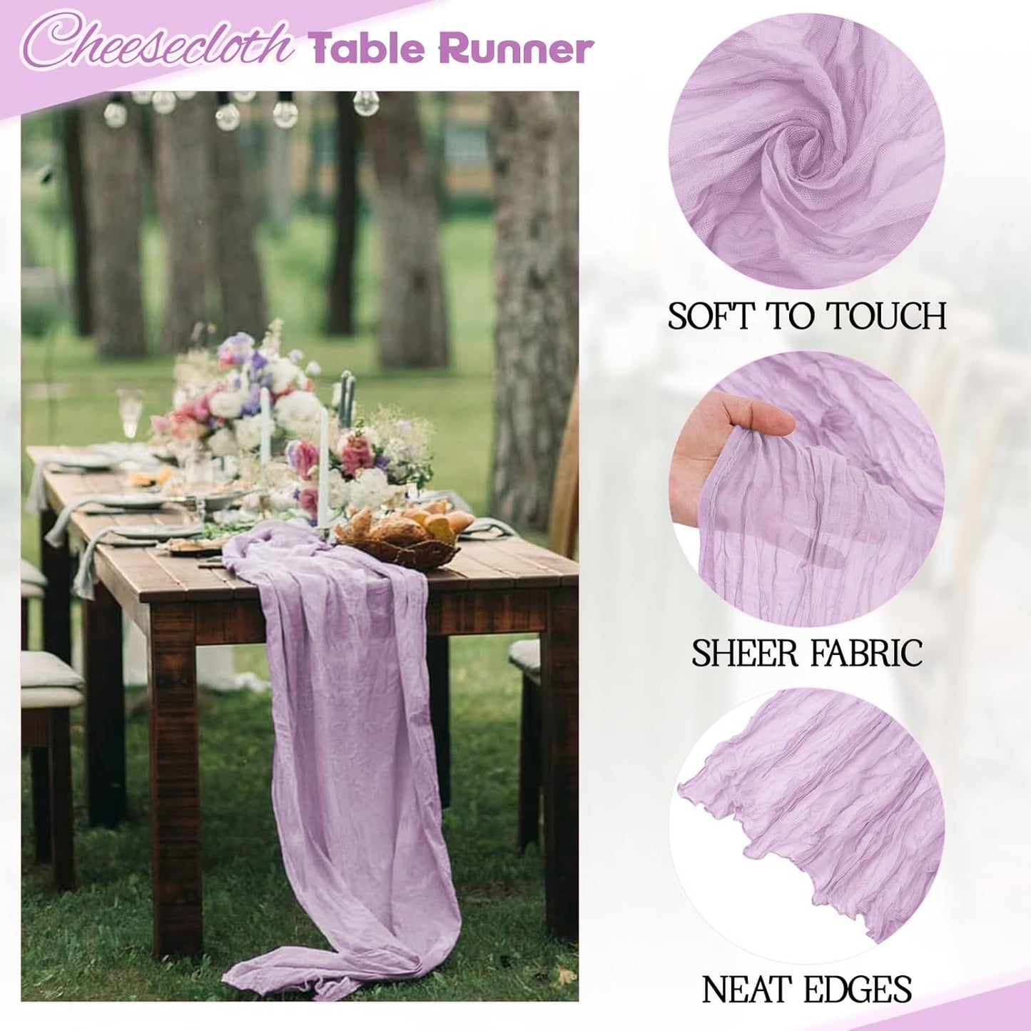 Aktor 12 Pack Lavender Table Runner Boho Cheesecloth Table Runner Semi Sheer Gauze Fabric Runners for Wedding Birthday Baby Shower Party Boho Table Decoration（Lavender）