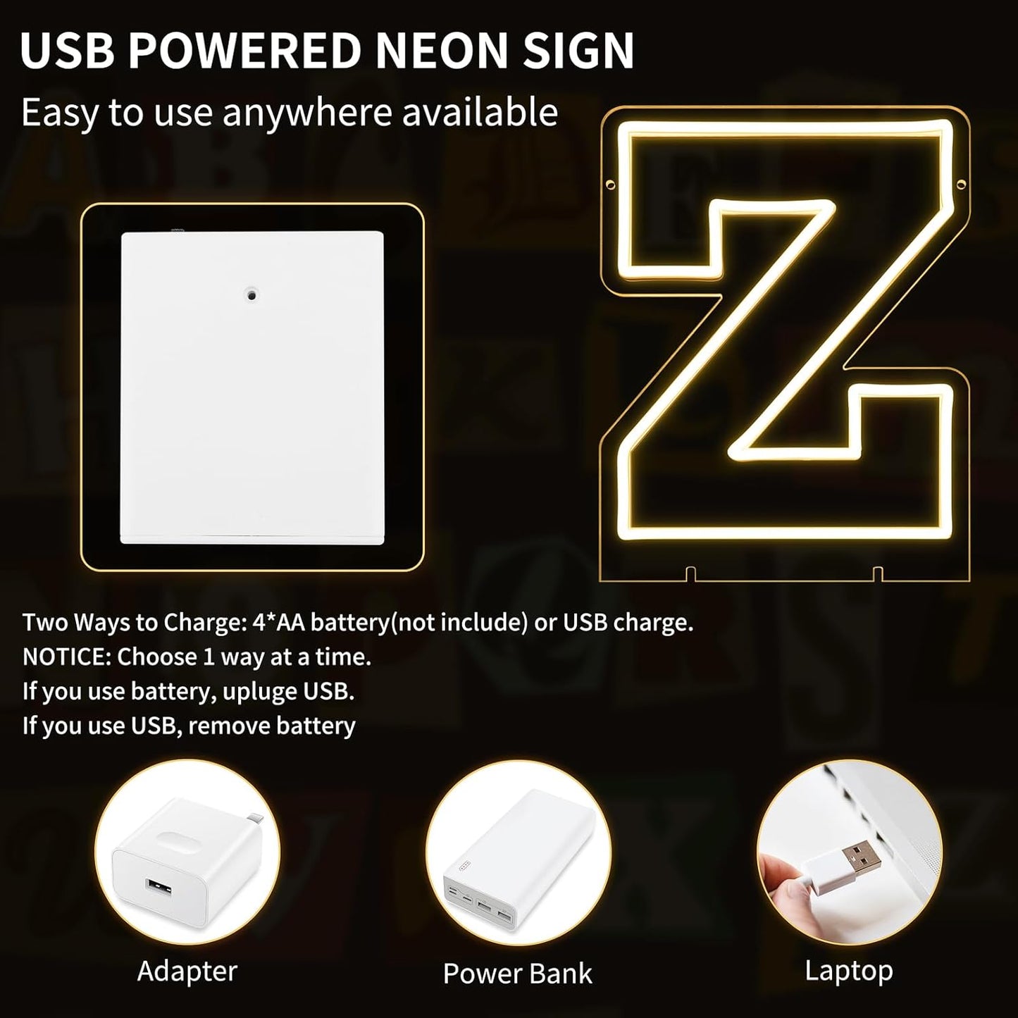 Light Up Letters Z, Led Marquee Letter Lights Neon Sign, 13.9" Height Decorative Lighted Alphabet Number, Battery/USB Powered Led Letters Lights for Wedding, Birthday, Party, Christmas or Home Decor