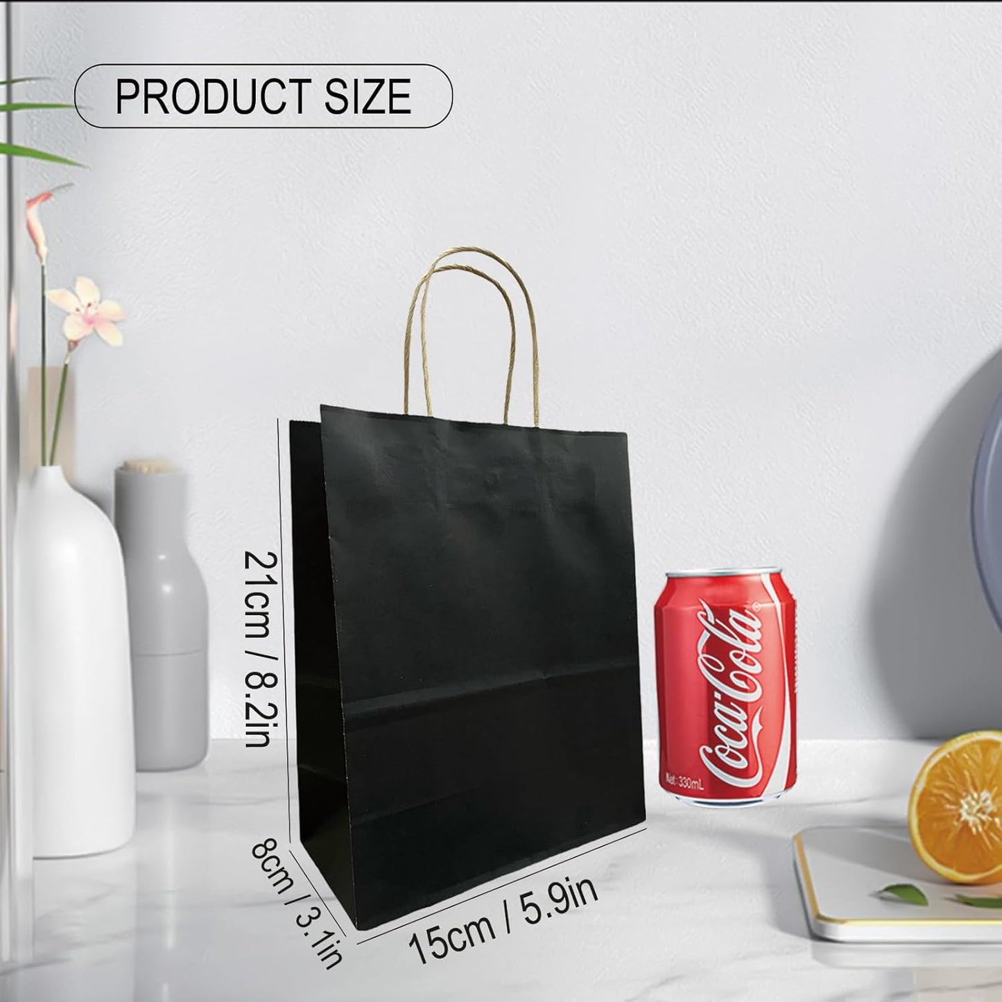 100 Pack Medium 5.9x3.1x8.25Inch Black Kraft Paper Gift Bags with Handles for Bulk Shopping, Retail, Craft, Party Favors, Wedding, Grocery & Sacks