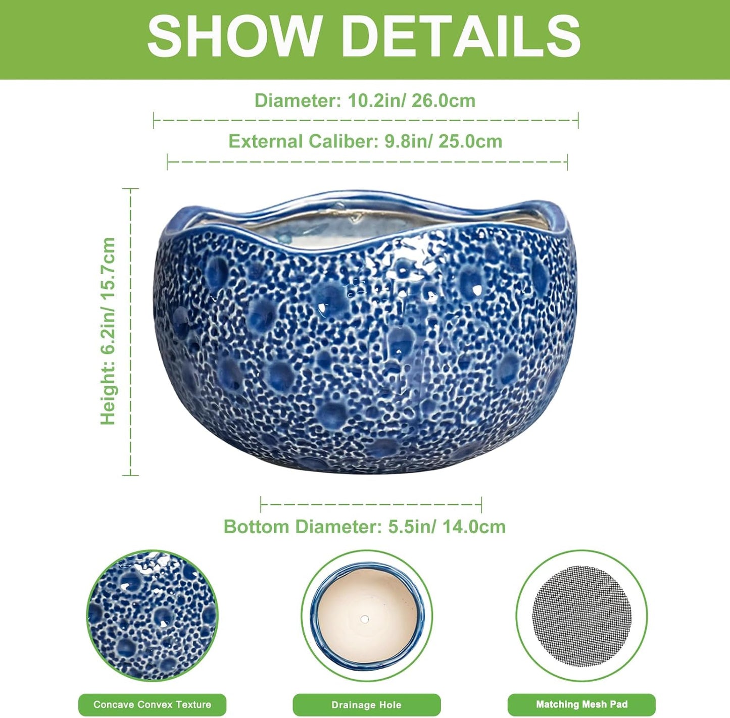 10 Inch Plant Pot - Ceramic Pots for Plants Indoor Outdoor, Round Bonsai Pots with Drainage Hole, Decorative Flower Pot, Modern Unique Planters, House Decor, Housewarming Gifts, Blue