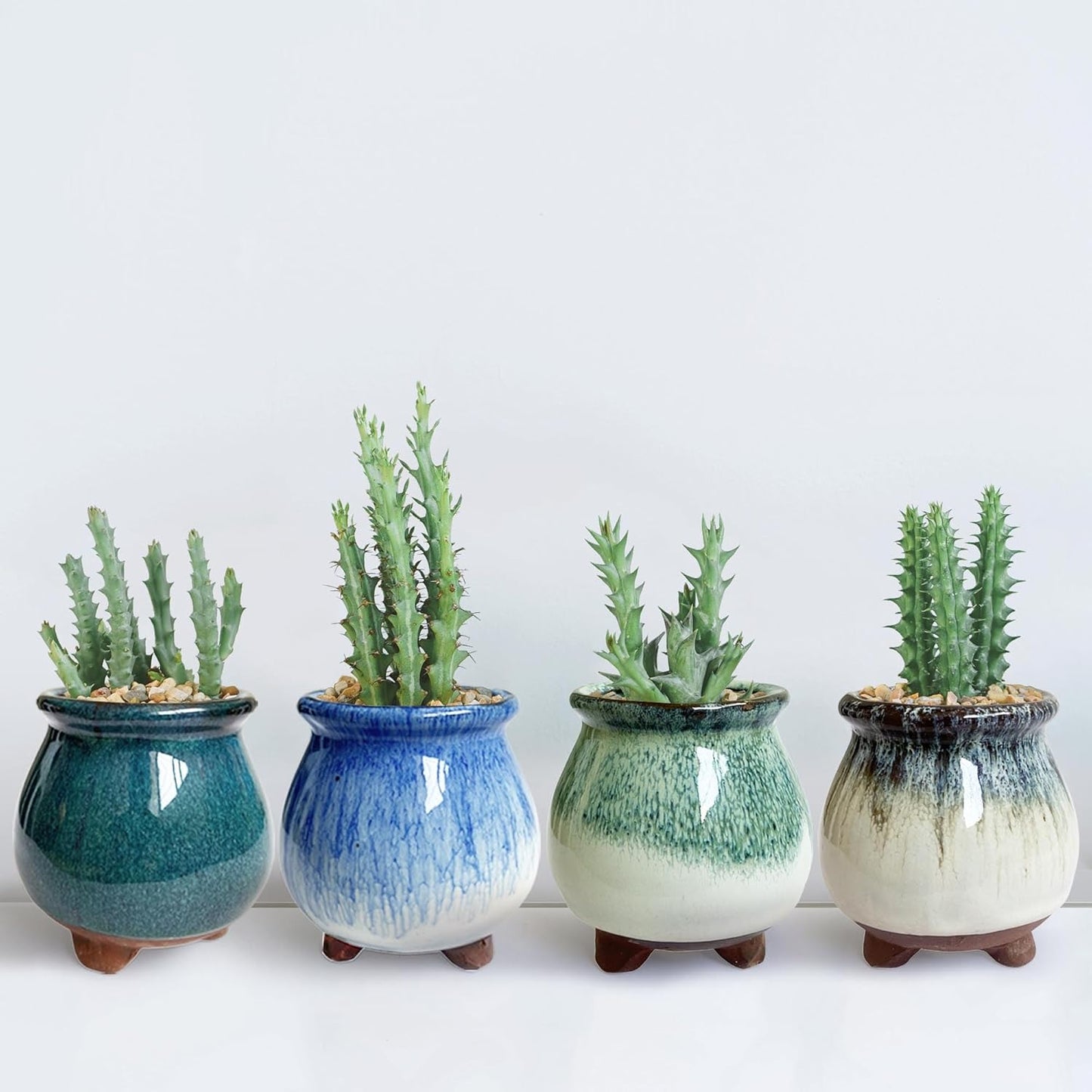 3 inch Glaze Handcraft Ceramic Pot Set, Small Cactus Planter with Drainage, Mini Cactus Pots Desk Shelf Decor, Cute Set of 4 Succulent Planter Pots