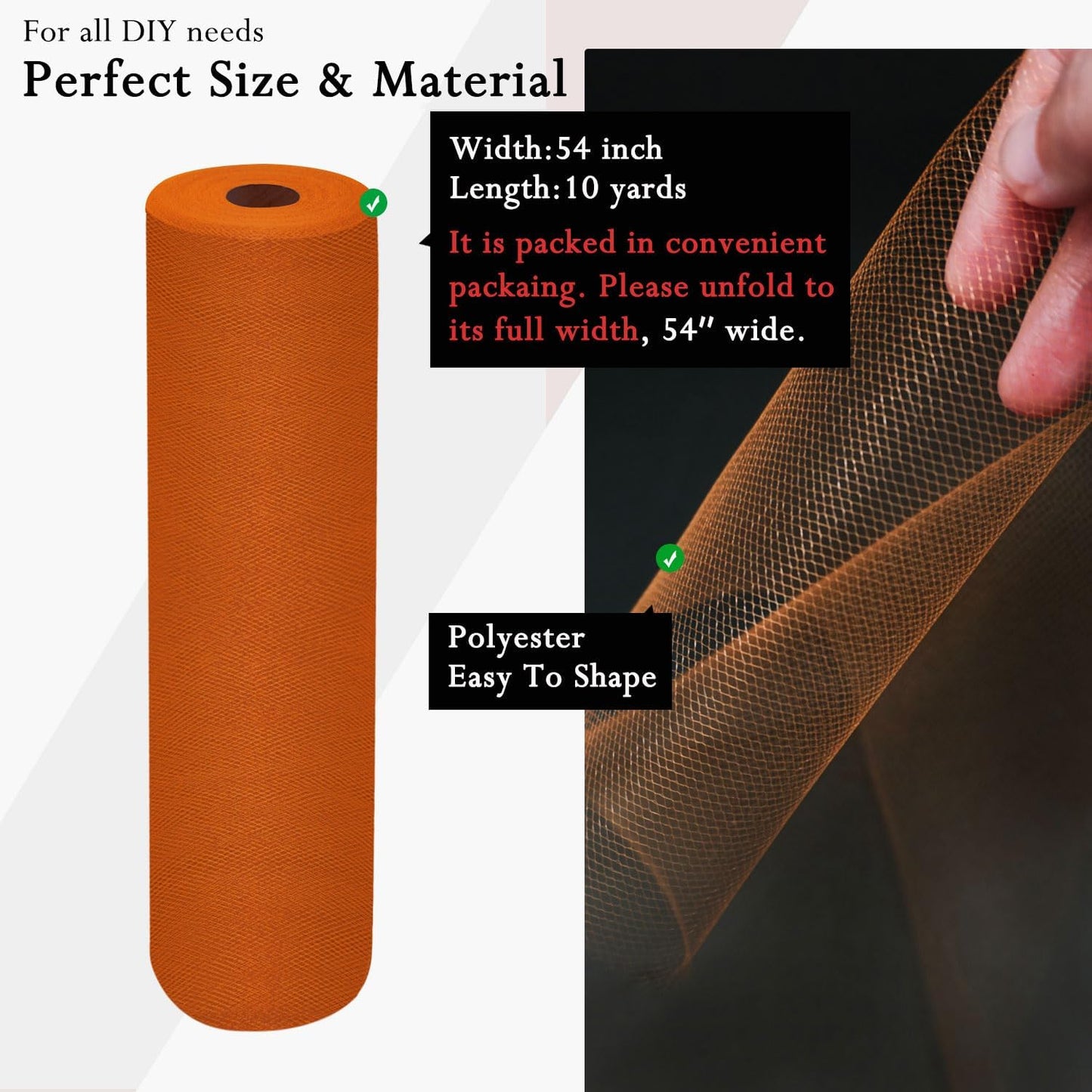 Orange Tulle Fabric Rolls 54 Inch by 10 Yards Fabric Tulle Bolt for Wedding Halloween Decorations Gift Wrapping DIY Tutu Baby Shower Table Skirt Birthday Party Craft Supplies