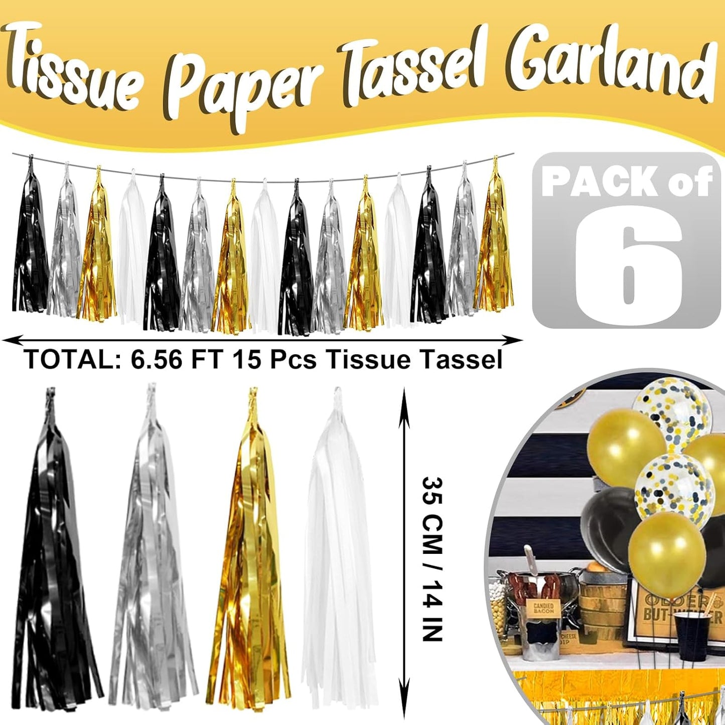 6P Black Gold Silver Foil Fringe Metallic Tassel Garland, Tassels Banner Streamers for Parade Floats, Bachelorette, Wedding, Birthday, Graduation, Christmas, Bridal/Baby Shower Party Decorations