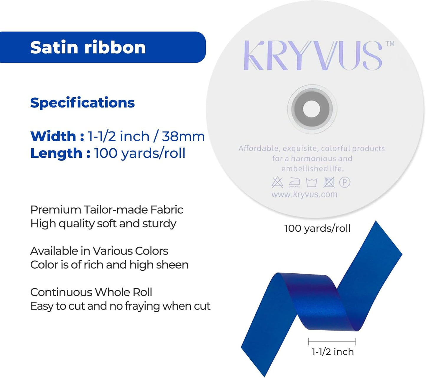 Dark Royal Blue Satin Ribbon 1-1/2 inch X Continuous 100 Yards, Single Face Polyester Ribbon Perfect for Gift Wrapping, Flower Bouquet, Wedding Decor, Crafts, Bow Making, Sewing and More