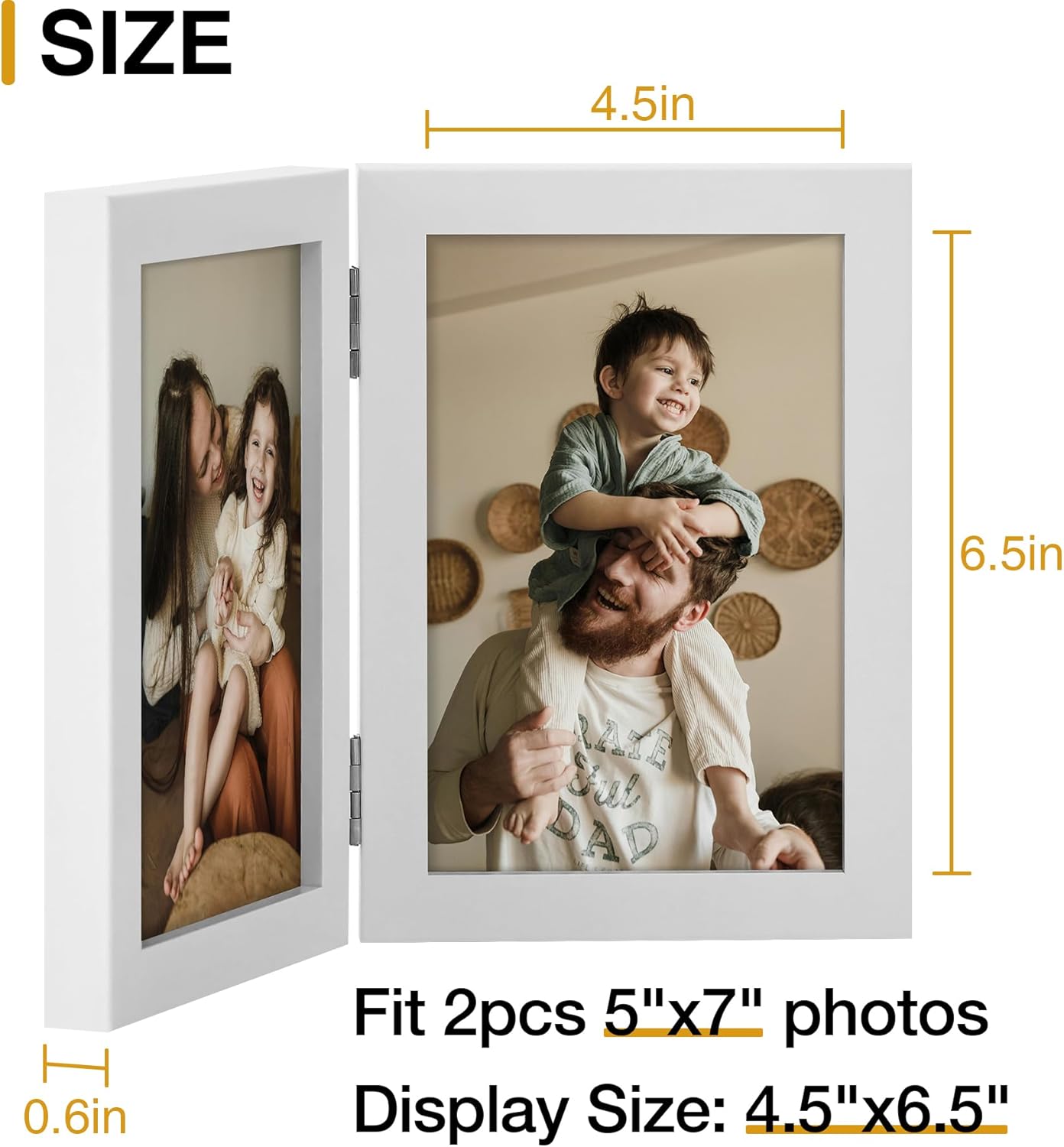 decorUhome Double 5x7 Picture Frame Vertical, Engineered Wood Bifold Photo Frame with Plexiglass for Tabletop Display, 5x7, White