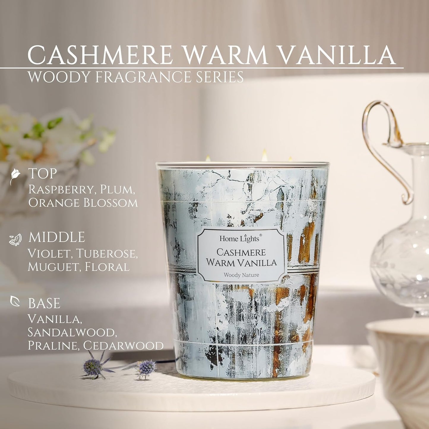 HomeLights Scented Candles for Women & Men, 34oz Candle Jars Aromatherapy 3-Wick Candle, Ideal for Industrial Chic Home Decor and Gifts, Cashmere Warm Vanilla