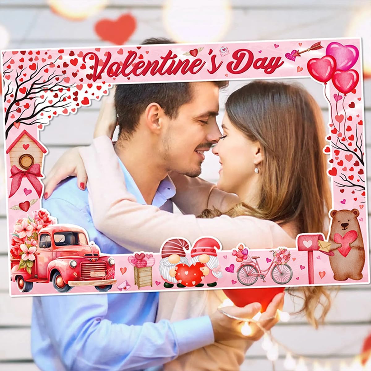 Valentine's Day Photo Booth Props Frame Pink Heart Valentine's Day Theme Selfie Photo Booth Picture Frame Photobooth Props for Photoshoot Posing Signs for Valentine Day Wedding Festival Party Decor