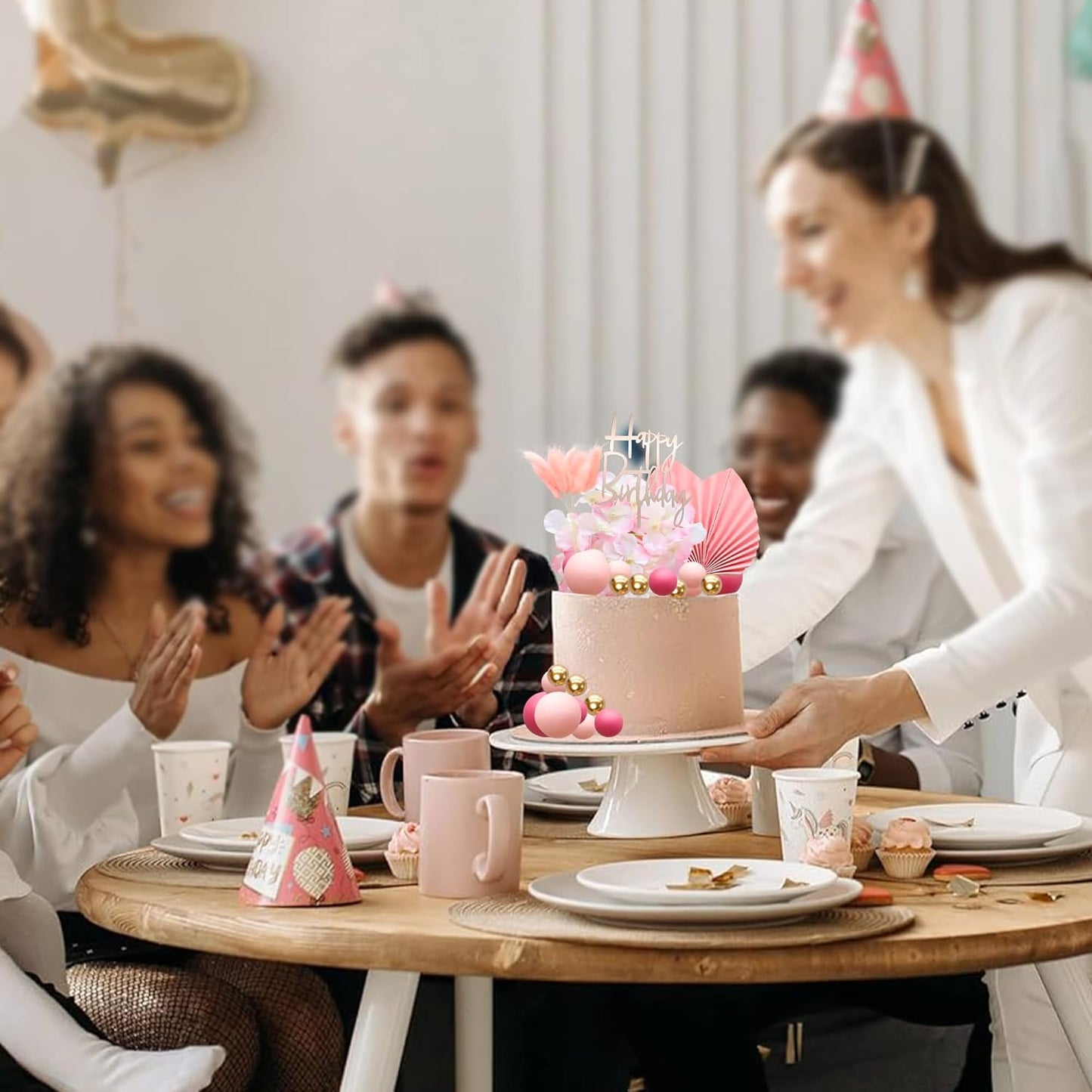 Gyufise 29Pcs Rose Red Artificial Flower Cake Decorations Acrylic Happy Birthday Cake Topper Balloon Cake Toppers Palm Fan Cake Picks for DIY Wedding Birthday Valentine's Day Party Supplies